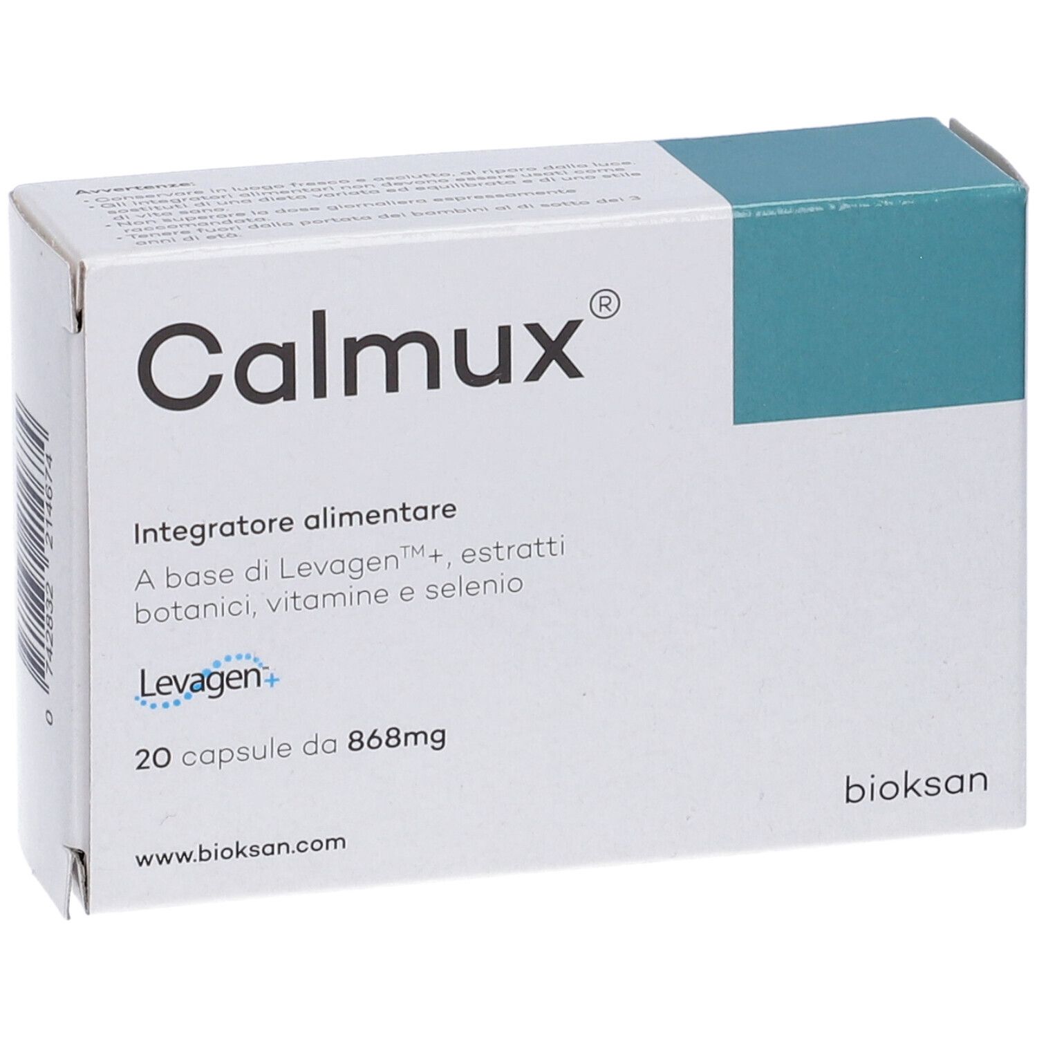 Scatola bianca con coperchio blu. Scritta Calmux. 20 capsule. Marchio: bioksan.