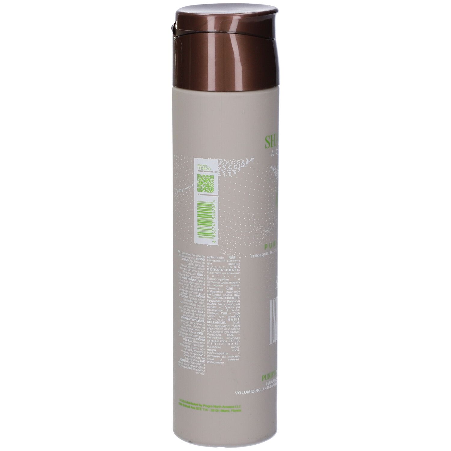 Retro di un flacone di shampoo beige con tappo marrone. Testo e codice QR sull'etichetta.