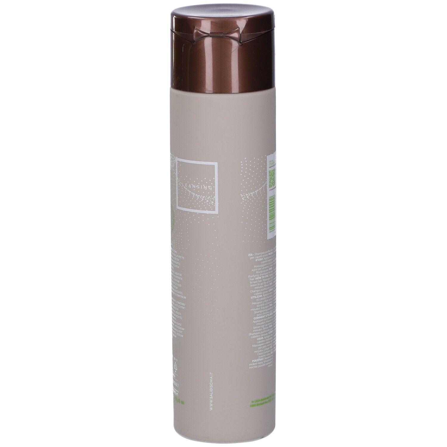 Flacone di shampoo beige con tappo marrone. Vista posteriore con testo e logo.