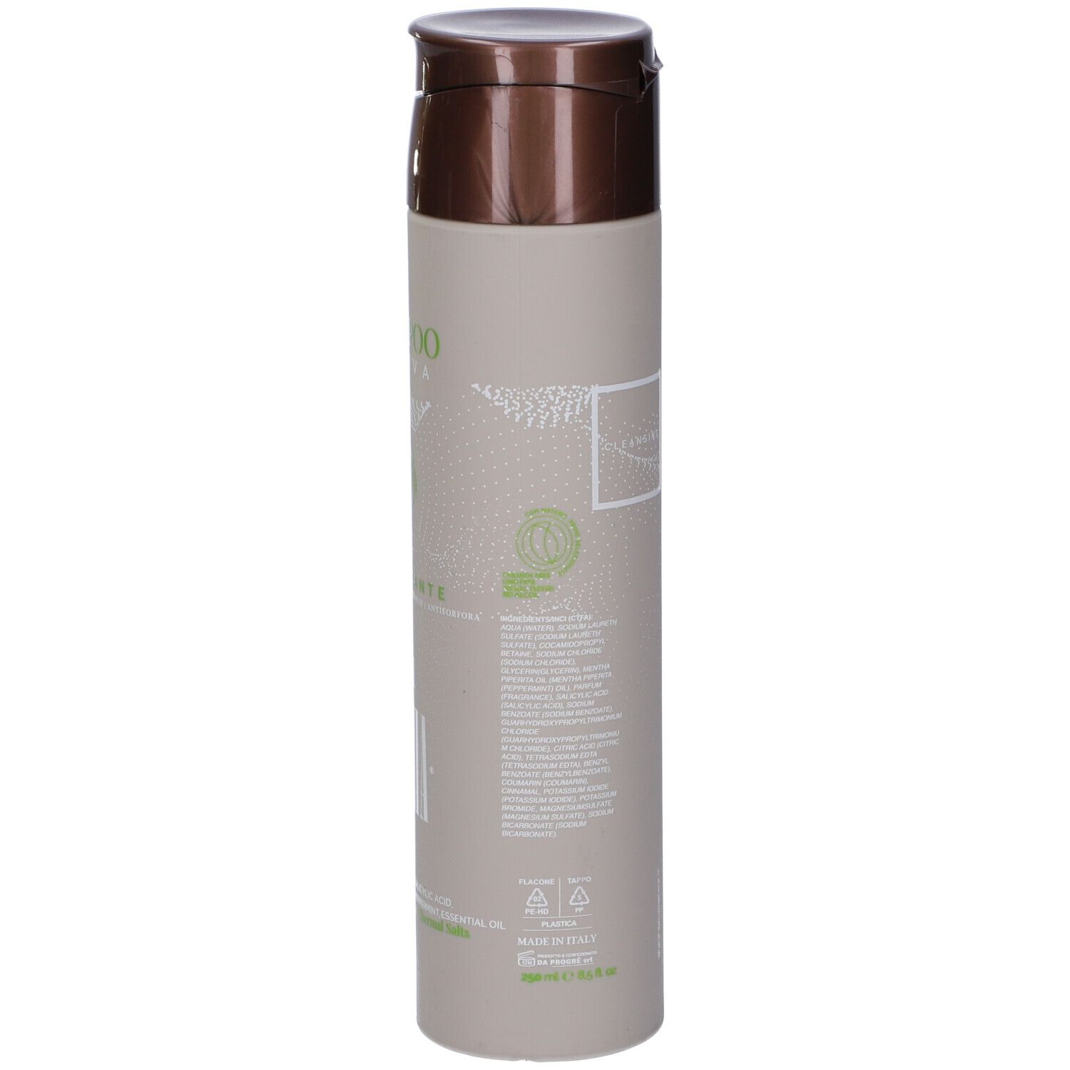 Flacone di shampoo beige con tappo marrone. Scritta: Shampoo Activa, Purificante, Sali di Ischia. Logo verde.