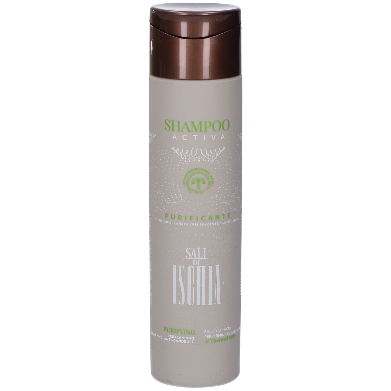 Flacone di shampoo beige con tappo marrone. Scritta: Shampoo Activa, Purificante, Sali di Ischia. Logo verde.