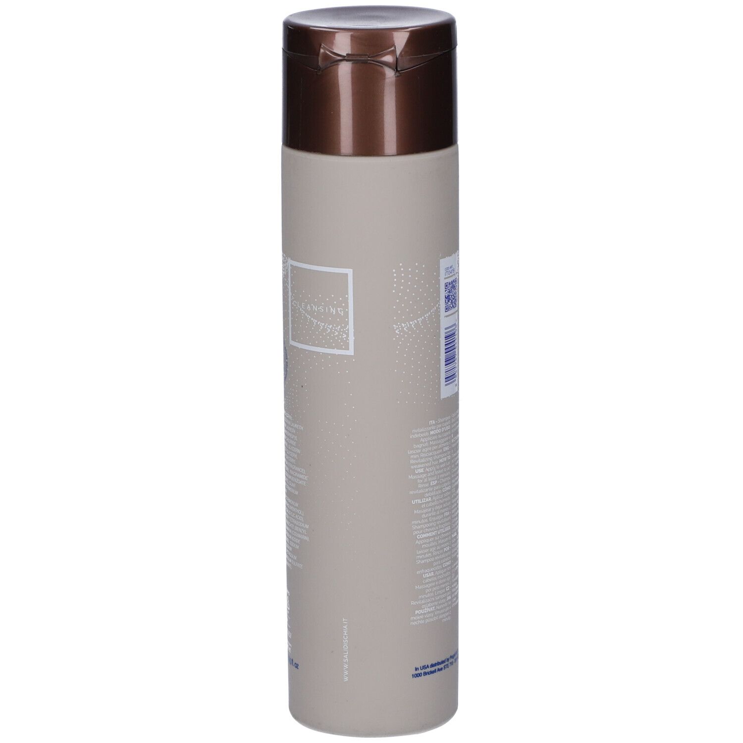 Lato di un flacone di shampoo beige con tappo marrone. Testo e logo visibili.