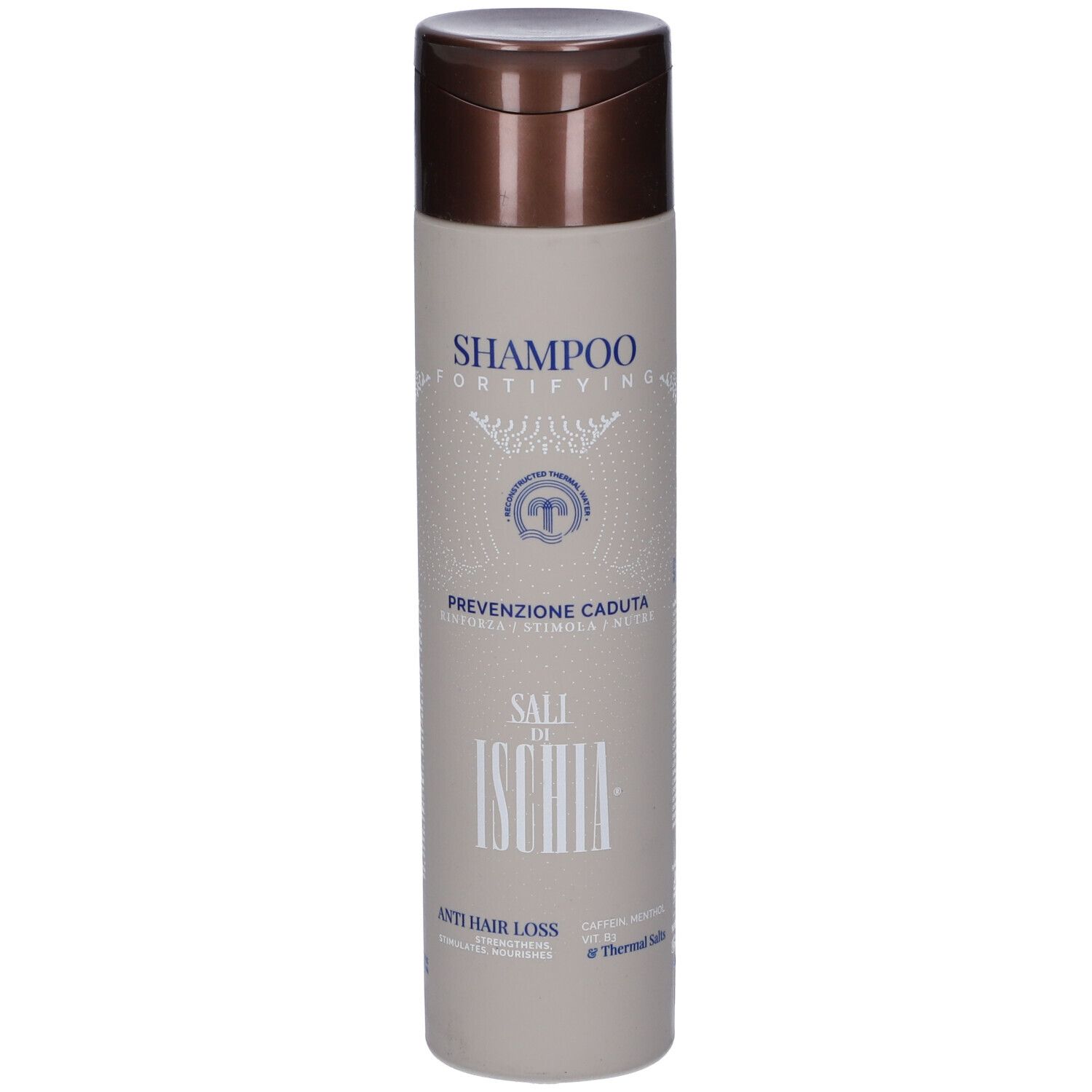Flacone di shampoo beige con tappo marrone. Scritte: Shampoo, Prevenzione Caduta, Sali di Ischia, Anti Hair Loss.