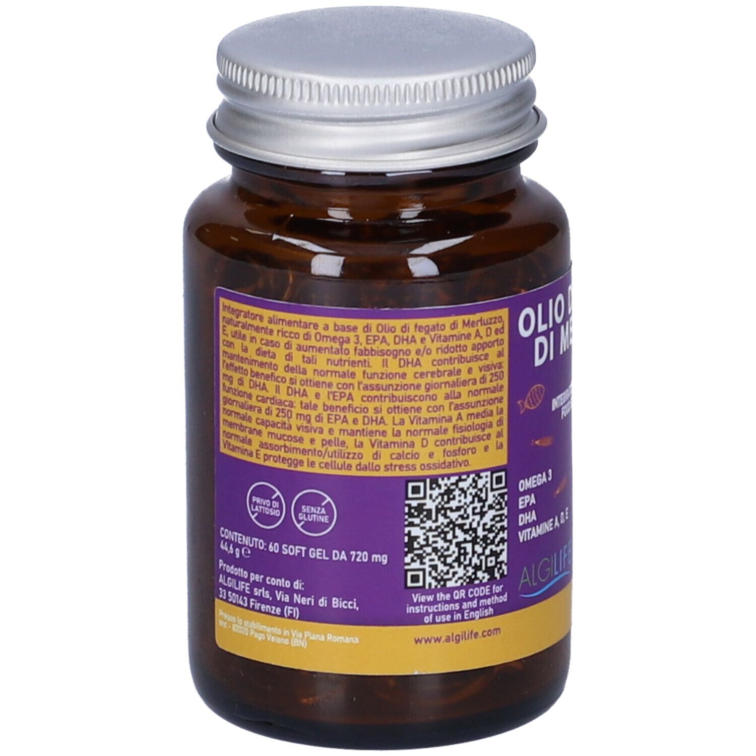 Retro di un flacone di vetro marrone con tappo argentato. Testo: Olio di Fegato di Merluzzo. Contiene 40 capsule. Codice QR.