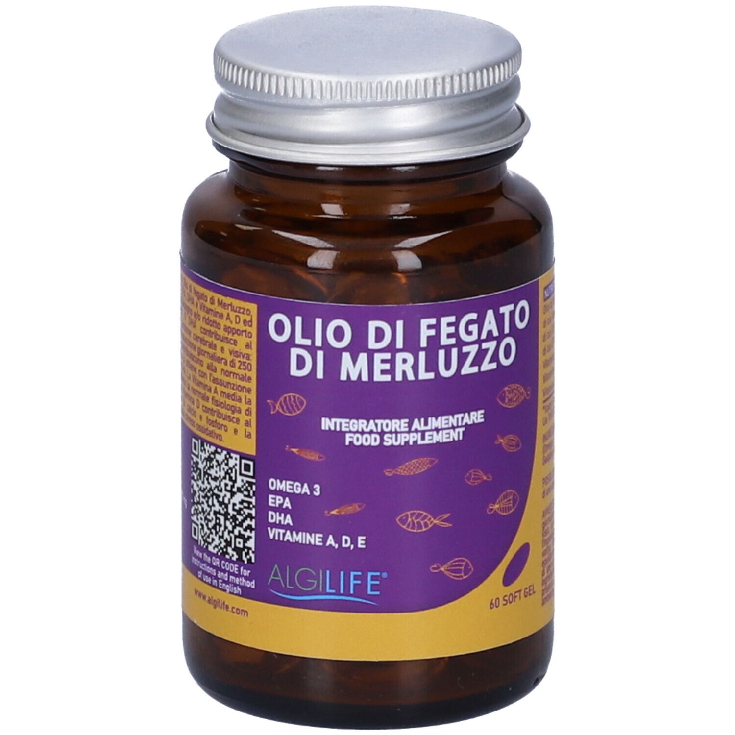 Flacone di vetro marrone con tappo argentato. Scritta: Olio di Fegato di Merluzzo. Contiene 60 capsule. Marchio: ALGILIFE.