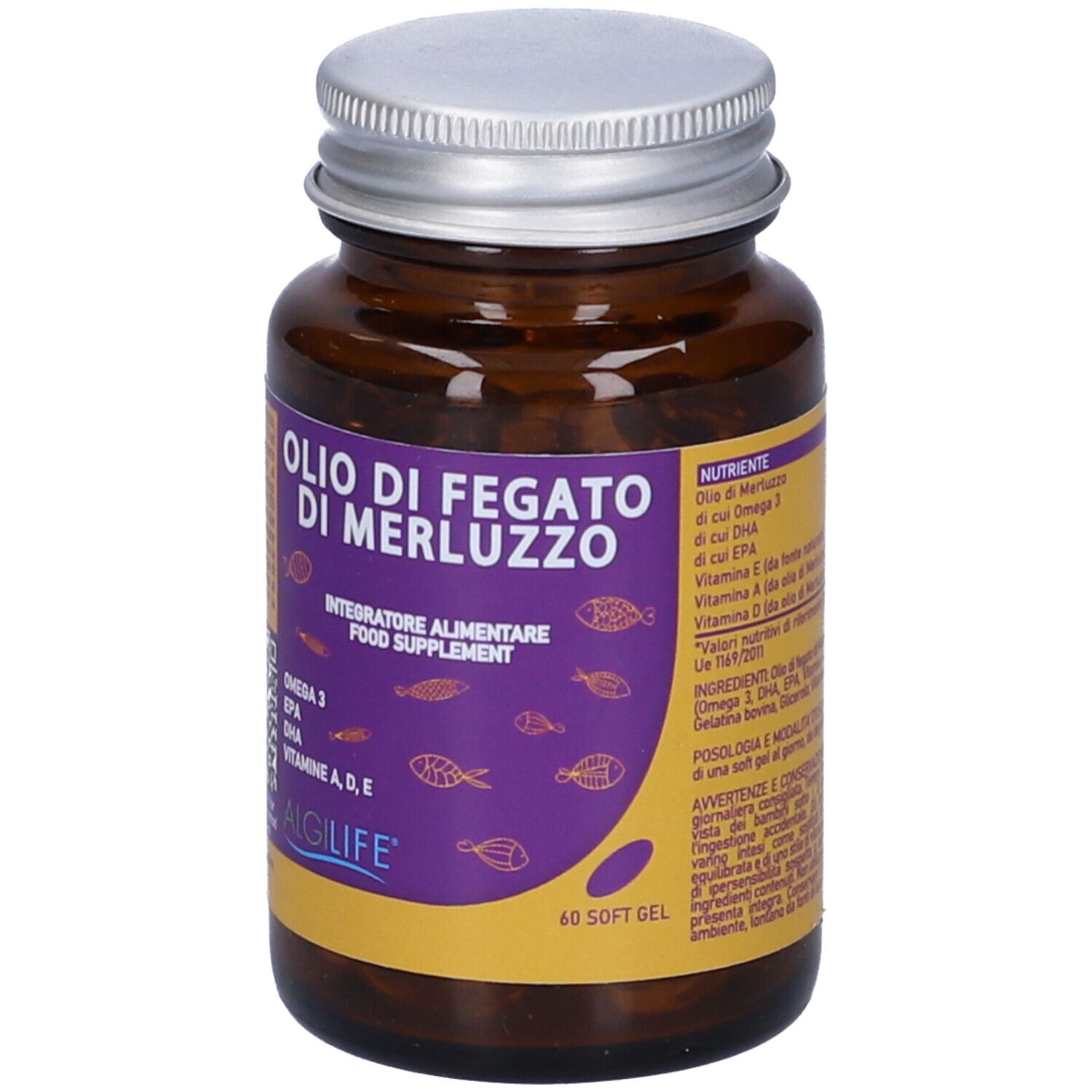 Flacone di vetro marrone con tappo argentato. Scritta: Olio di Fegato di Merluzzo. Contiene 60 capsule. Marchio: ALGILIFE.