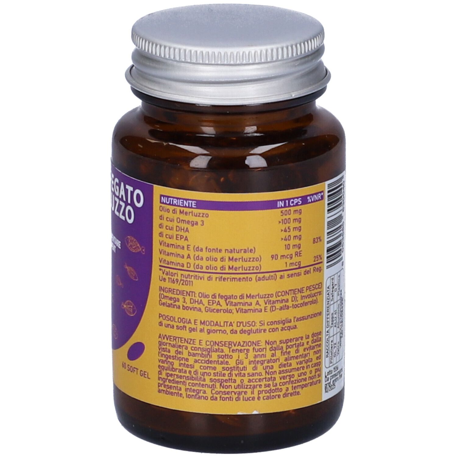 Retro di un flacone di vetro marrone con tappo argentato. Scritta: Olio di Fegato di Merluzzo. Informazioni nutrizionali e ingredienti.