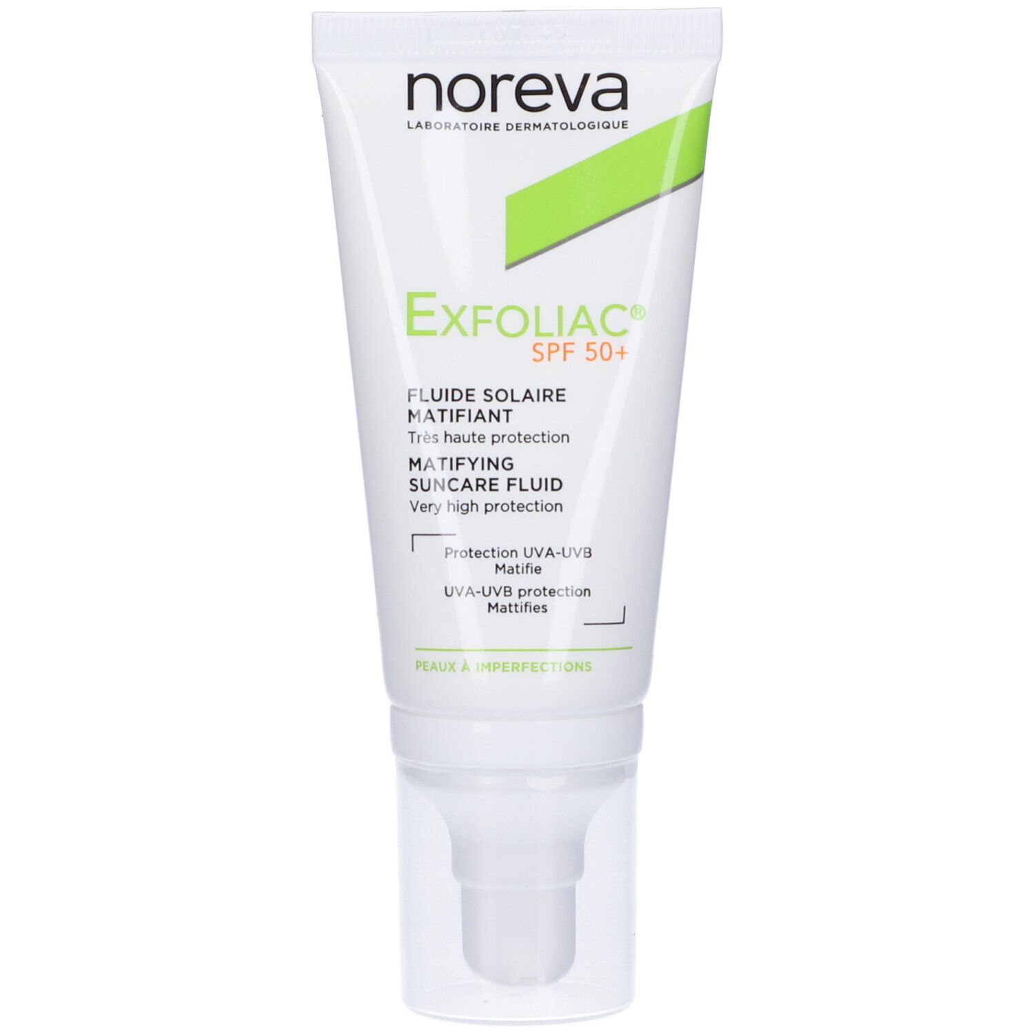 Tubo bianco con accento verde. Scritta: Noreva, Exfoliac SPF 50+. Fluido solare. Con erogatore.