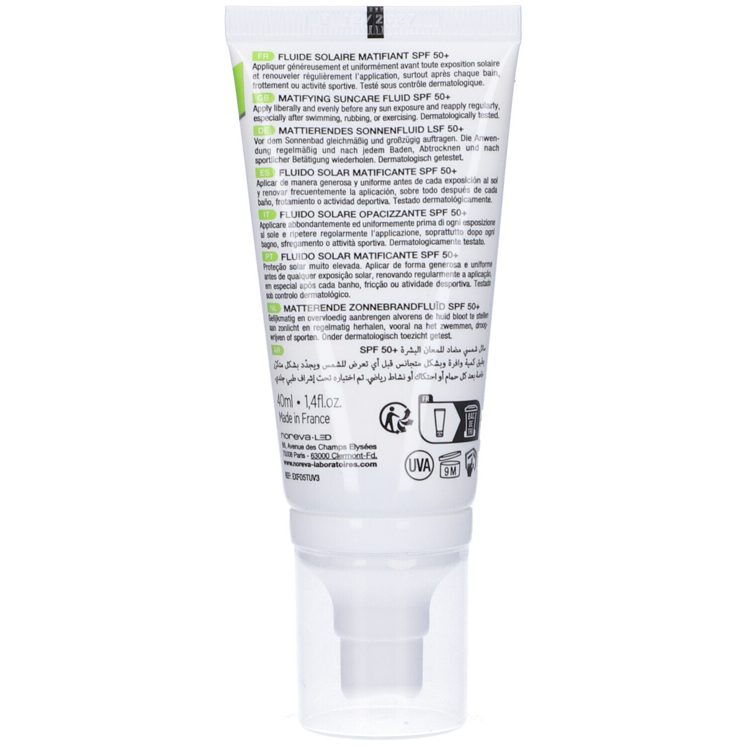 Retro del tubo. Testo multilingue. Scritta: Noreva, Exfoliac SPF 50+. Con erogatore.
