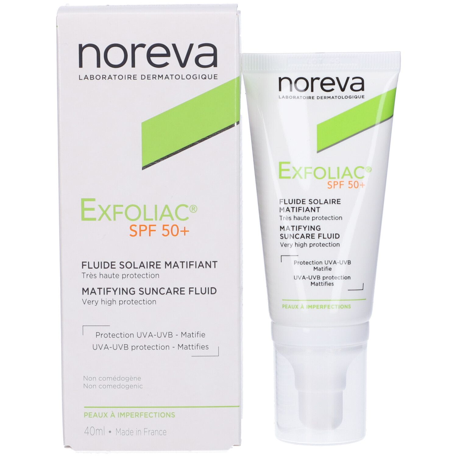 Confezione e tubo. Scritta: Noreva, Exfoliac SPF 50+. Fluido solare. Con erogatore.