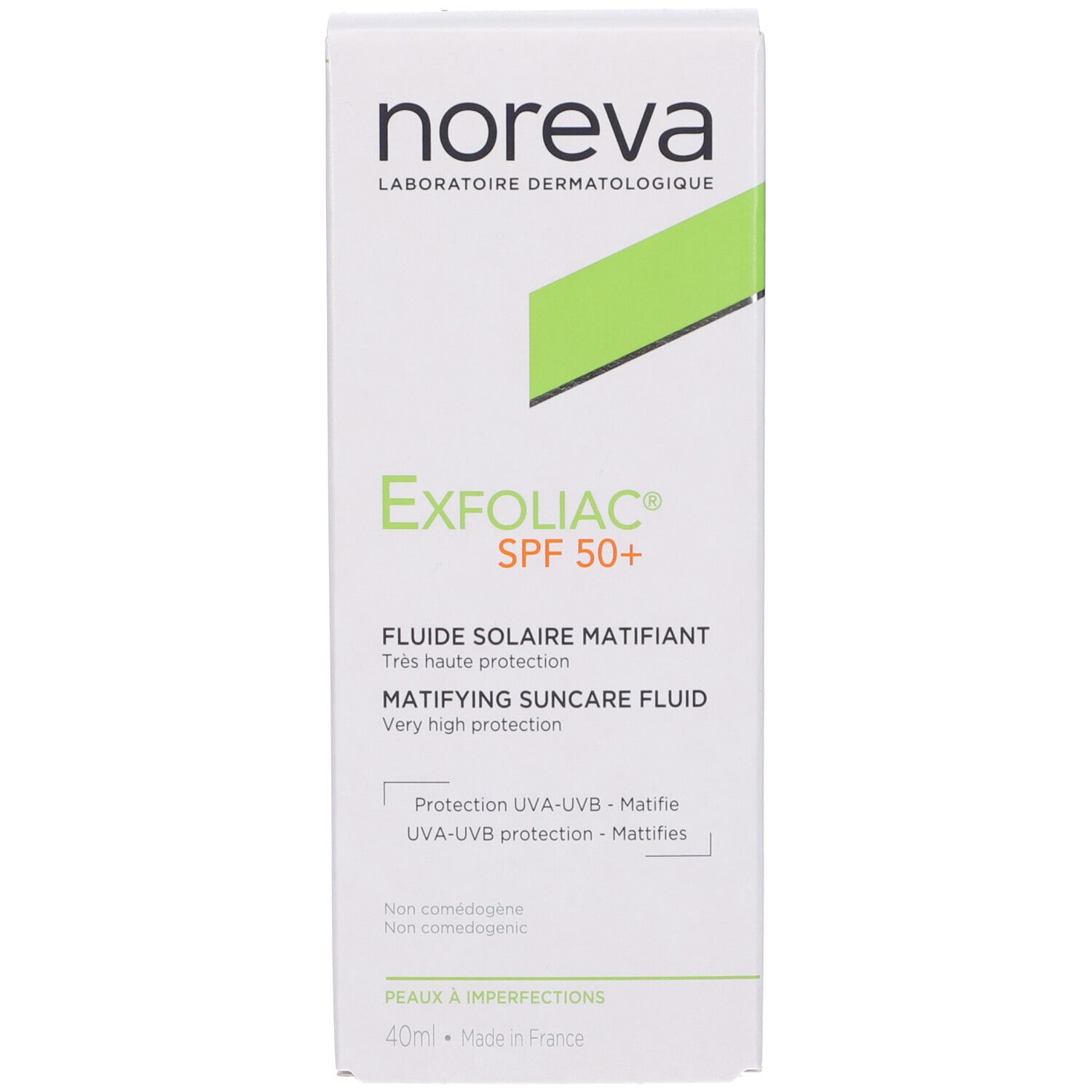 Confezione del prodotto. Scritta: Noreva, Exfoliac SPF 50+. Fluido solare. Con erogatore.