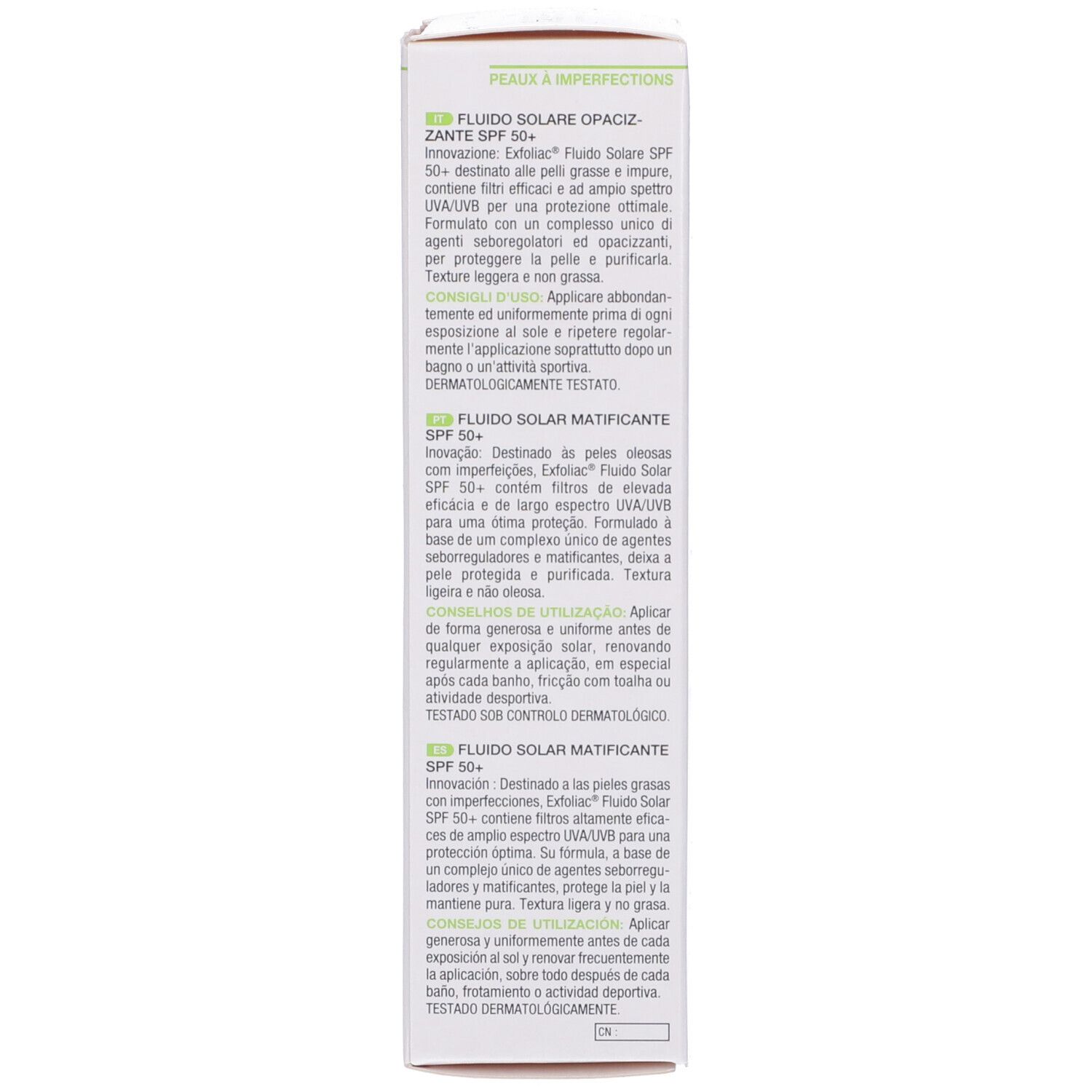 Retro della confezione. Testo multilingue. Scritta: Noreva, Exfoliac SPF 50+.