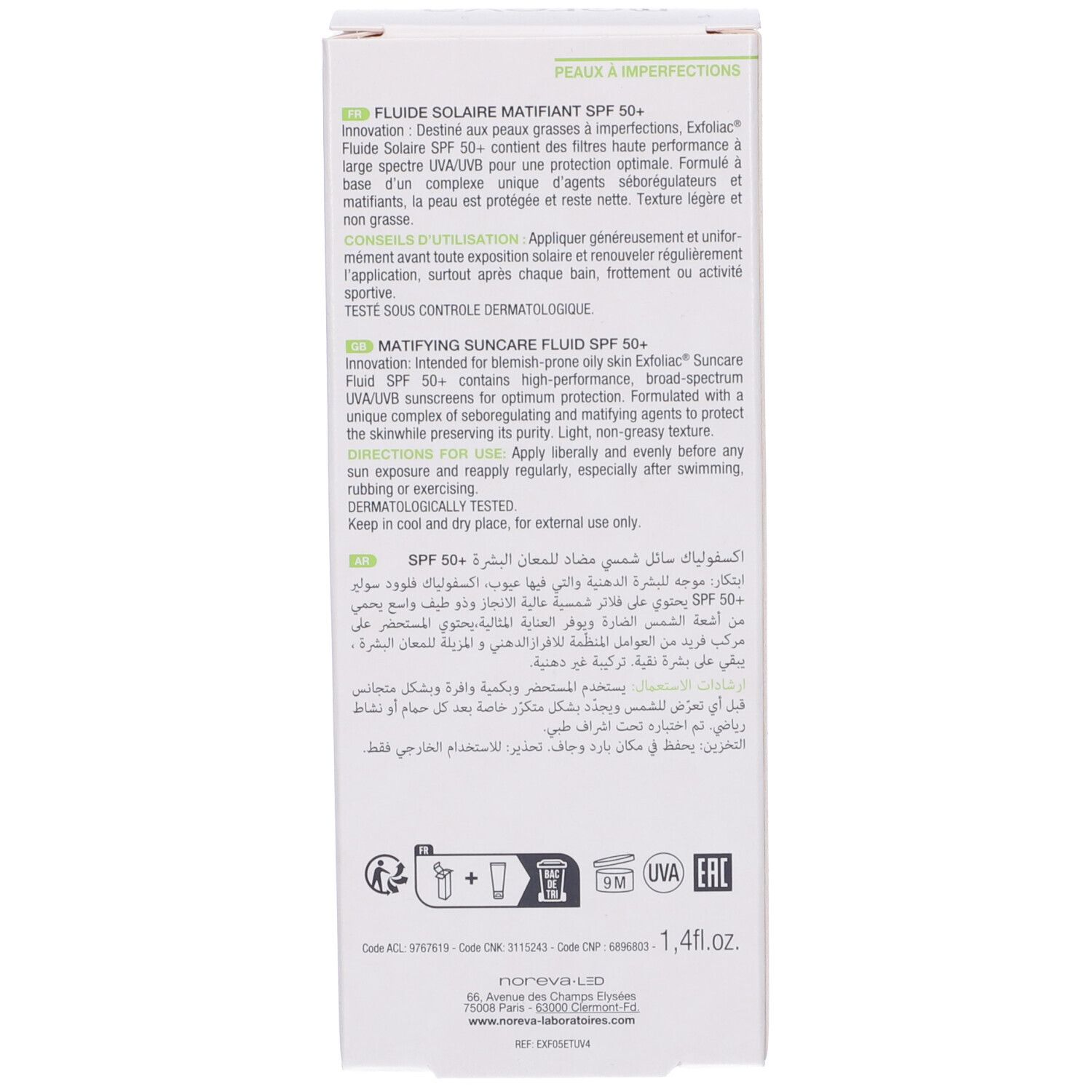 Retro della confezione. Testo multilingue. Scritta: Noreva, Exfoliac SPF 50+.