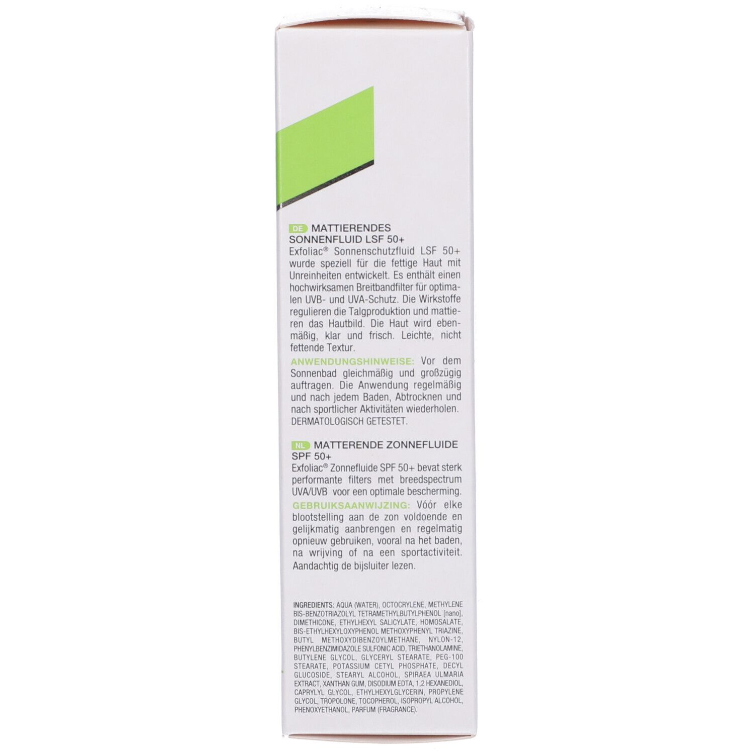 Lato della confezione. Ingredienti e testo multilingue. Scritta: Noreva, Exfoliac SPF 50+.