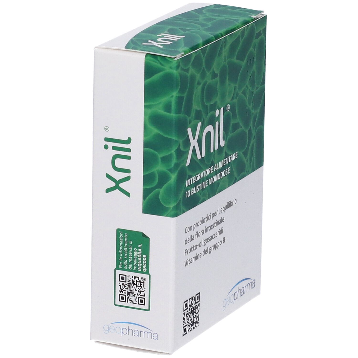 Scatola Xnil, 10 bustine. Vista laterale. Scritto: Integratore Alimentare. Sfondo con forme verdi.