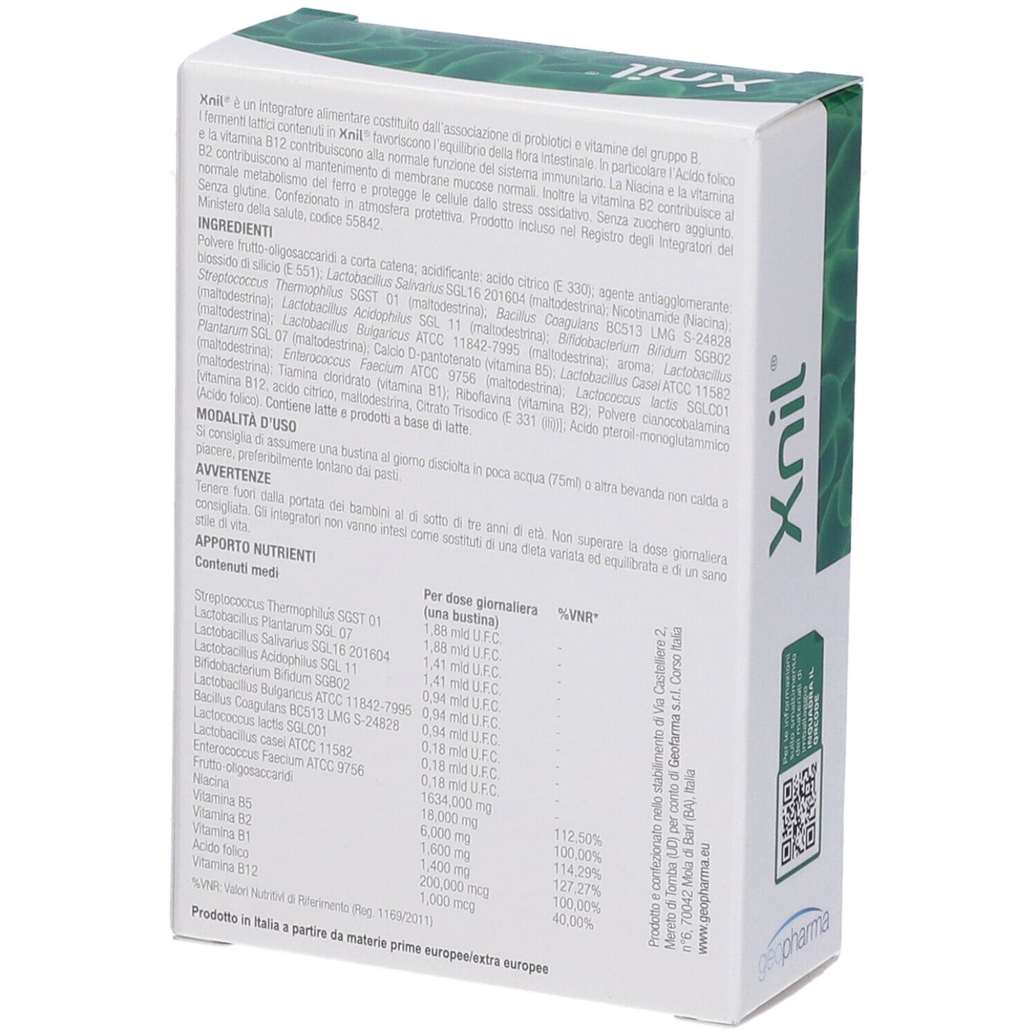Retro della scatola Xnil. Testo con ingredienti e modalità d'uso. Codice QR e logo del produttore.