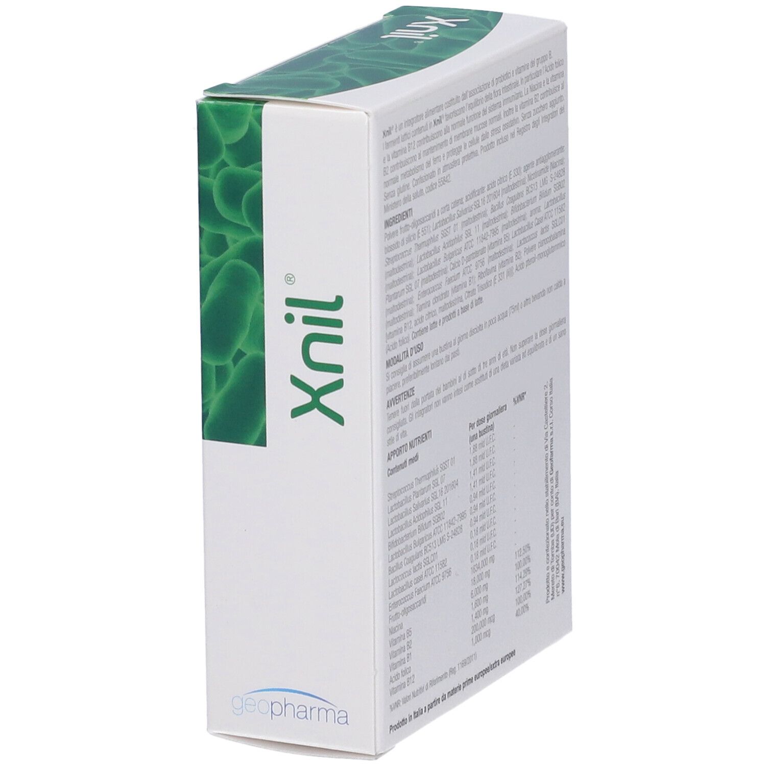 Scatola Xnil, vista laterale. Testo con ingredienti e modalità d'uso. Sfondo con forme verdi.