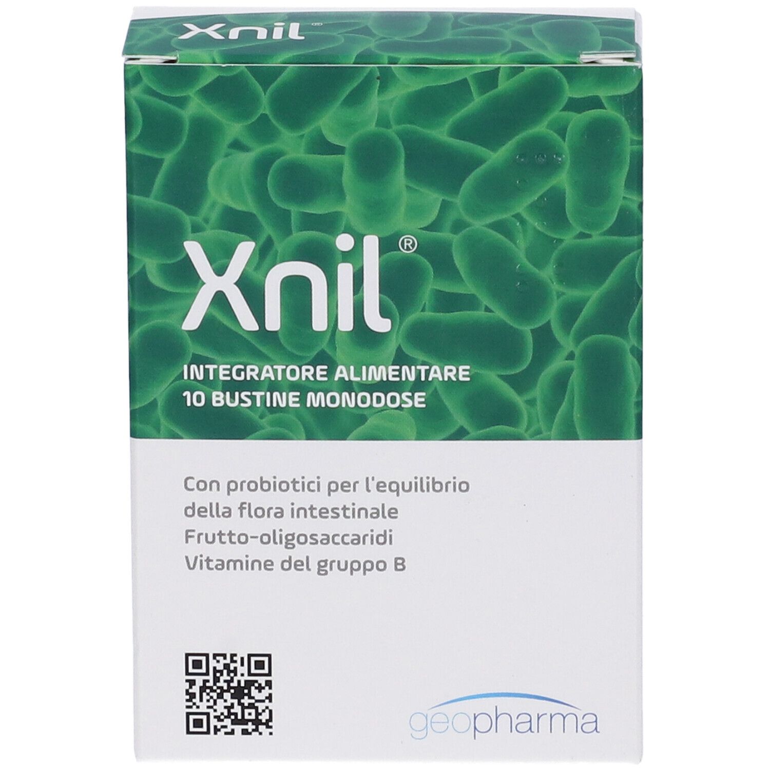 Scatola di Xnil, 10 bustine. Scritto: Integratore Alimentare. Sfondo con forme verdi.