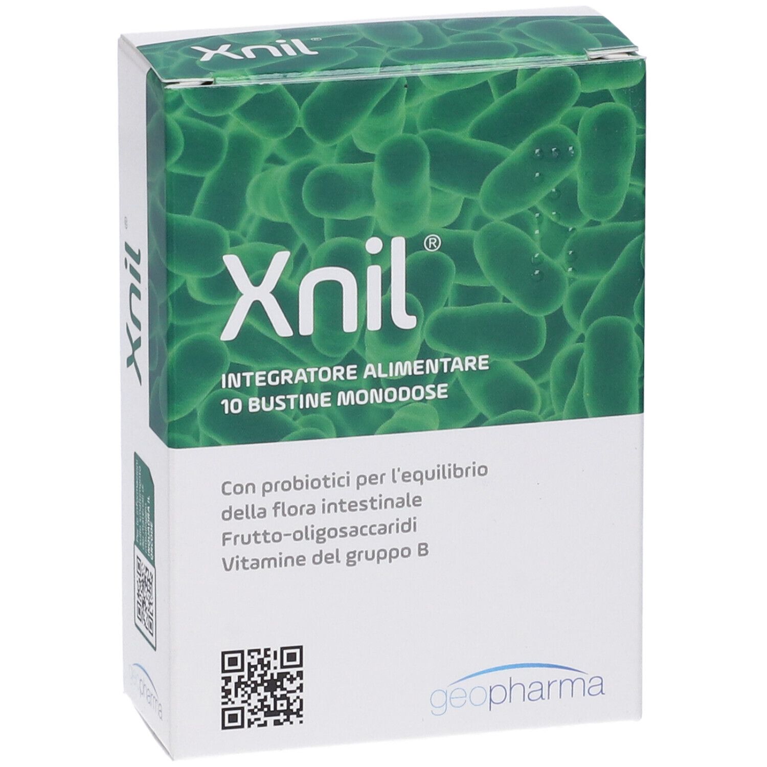 Scatola di Xnil, 10 bustine. Scritto: Integratore Alimentare. Sfondo con forme verdi.