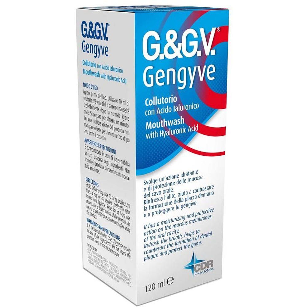 Confezione blu e bianca di G&Gv Gengyve Collutorio. Contiene testo e informazioni sul prodotto.