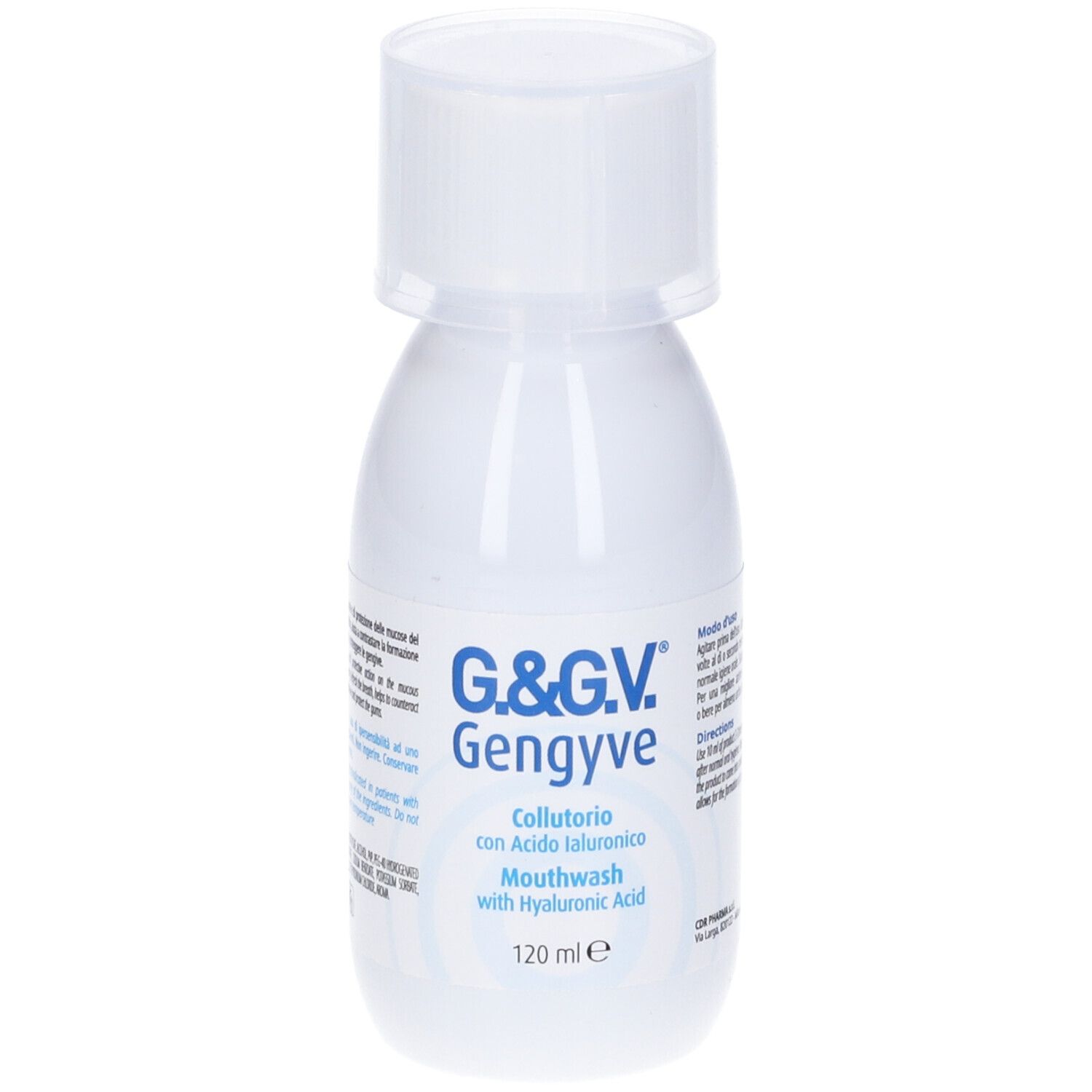 Flacone bianco di G&Gv Gengyve Collutorio con tappo bianco. Nome del prodotto e informazioni sul flacone.