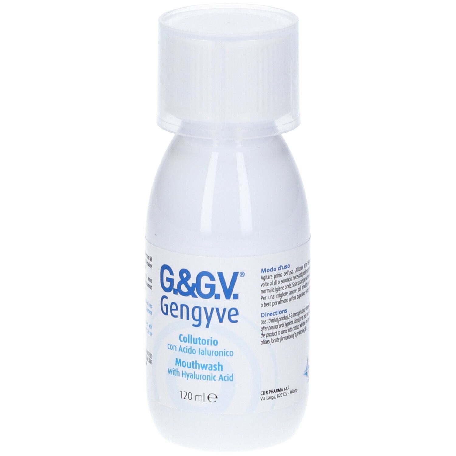 Flacone bianco di G&Gv Gengyve Collutorio con tappo bianco. Nome del prodotto e informazioni sul flacone.