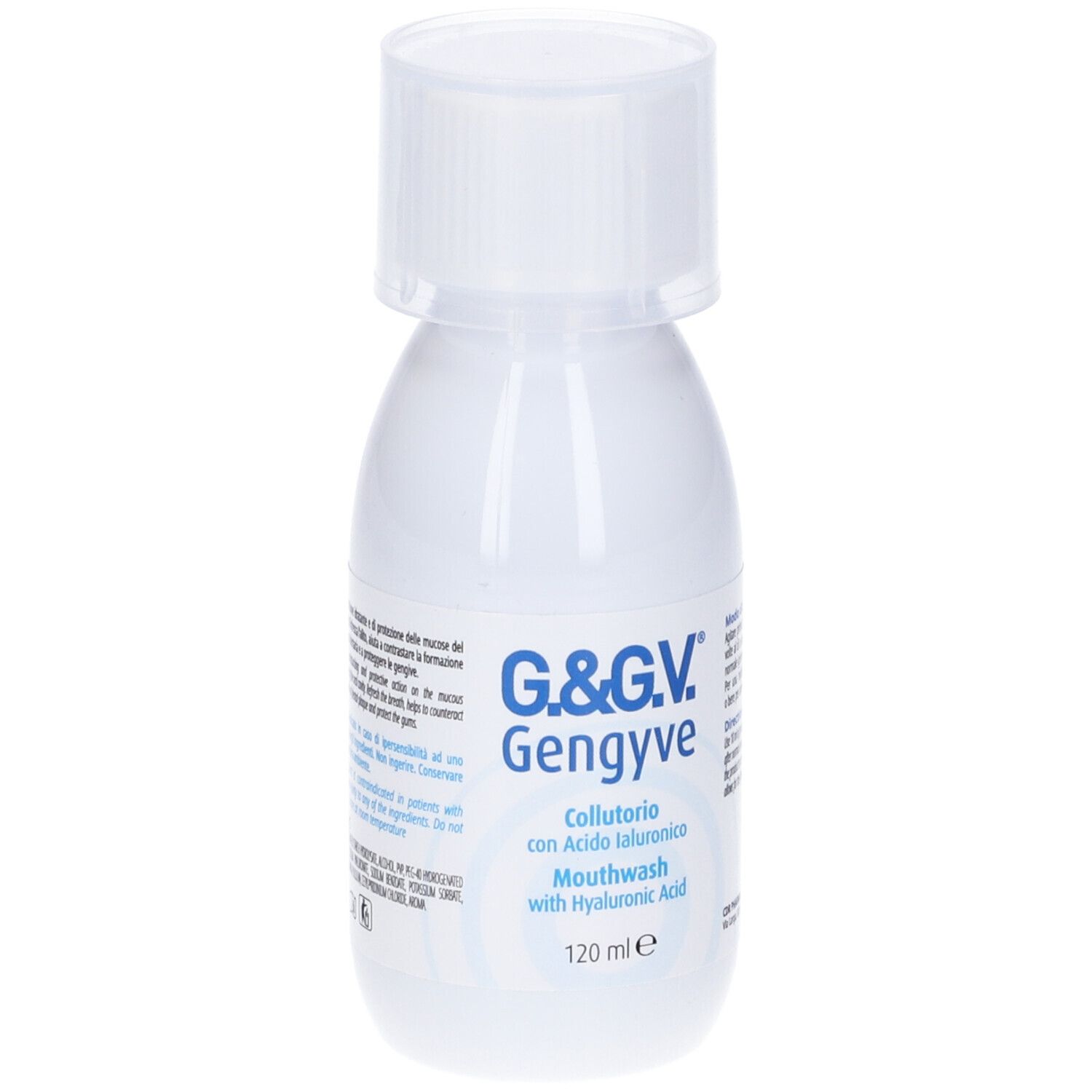 Flacone bianco di G&Gv Gengyve Collutorio con tappo bianco. Nome del prodotto e informazioni sul flacone.