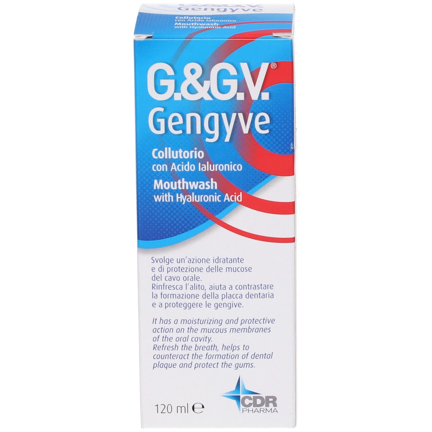 Flacone e confezione di G&Gv Gengyve Collutorio. Confezione blu e bianca, informazioni sul prodotto.