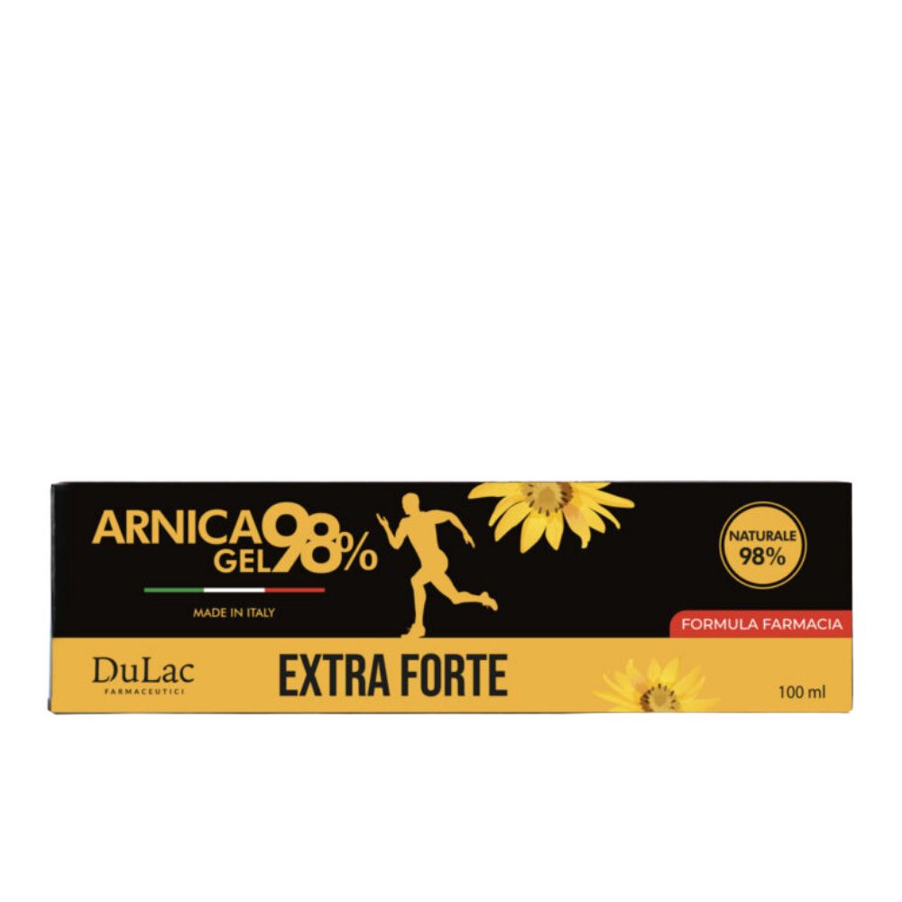 Scatola con scritta: Arnica Gel 98% Extra Forte. Design giallo e nero con motivo a girasole. Scritta: Formula Farmacia.