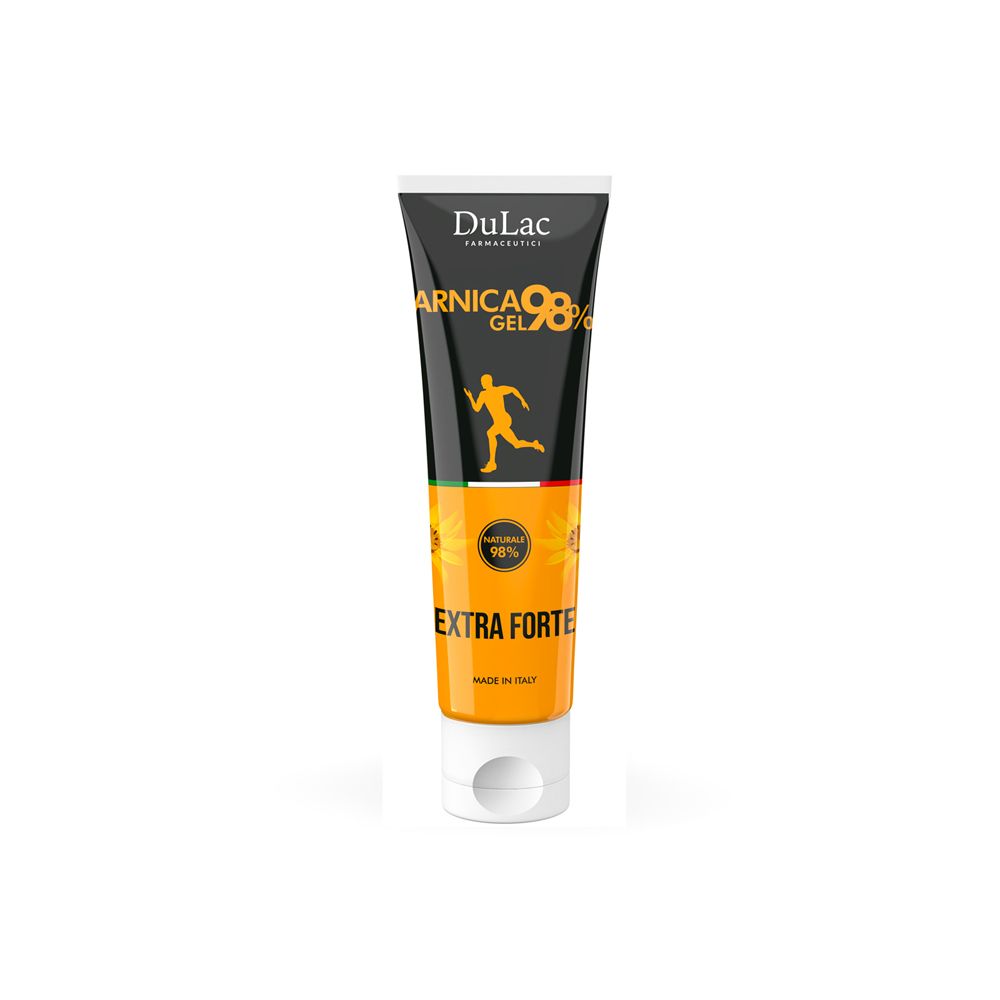Tubo di gel con design giallo e nero. Scritta: Arnica Gel 98% Extra Forte. Marchio: DuLac. Made in Italy.
