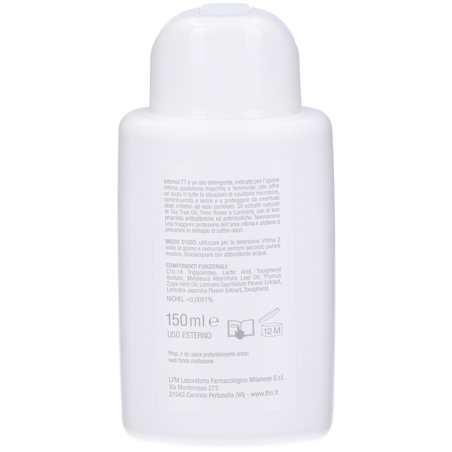 Retro di un flacone bianco. Testo con informazioni sul prodotto e ingredienti. '150ml' e un simbolo.
