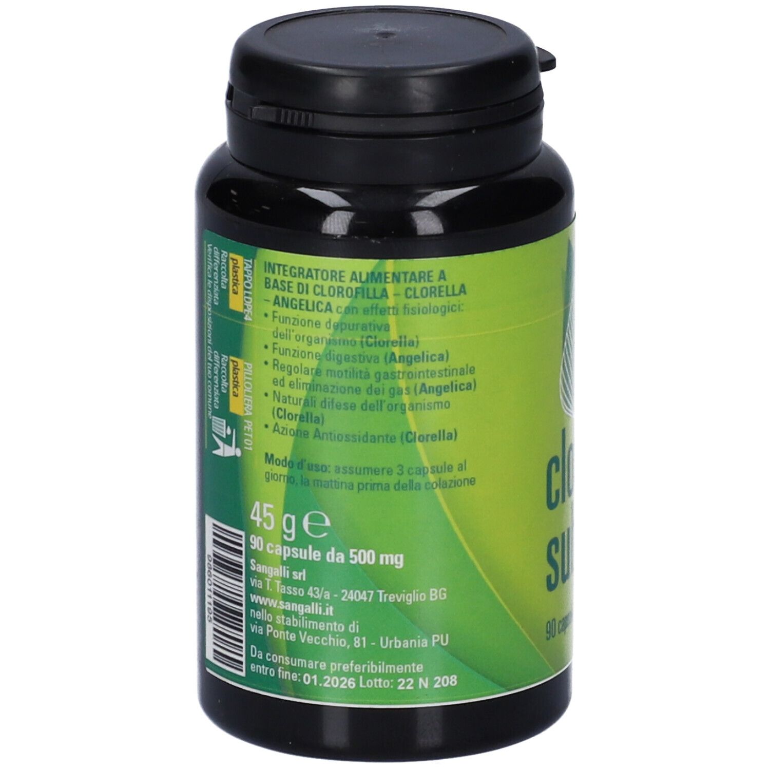 Retro flacone con informazioni prodotto. Testo: Integratore alimentare a base di Clorofilla. 90 capsule, 45 g.
