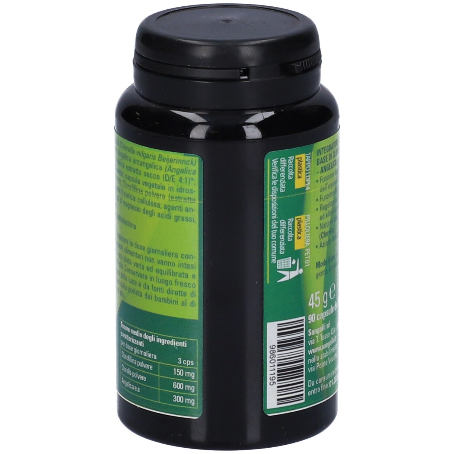 Vista laterale del flacone con ingredienti e informazioni nutrizionali. Testo: 45 g, 90 capsule da 500 mg.