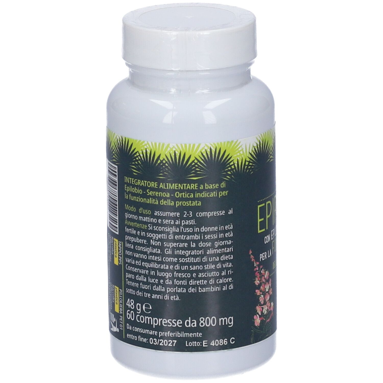 Retro del flacone bianco. Testo: Integratore alimentare a base di Epilobio, Serenoa, Ortica. Da consumare preferibilmente entro 03/2027.