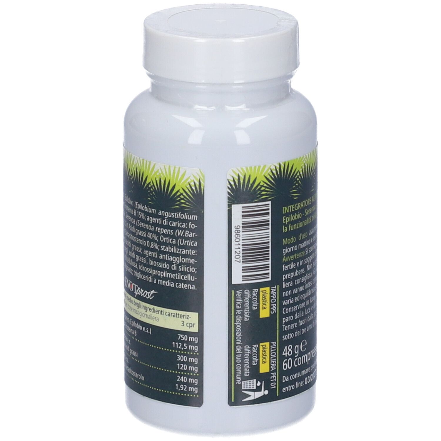 Retro del flacone bianco. Testo: Ingredienti, informazioni nutrizionali, codice a barre. 60 compresse.