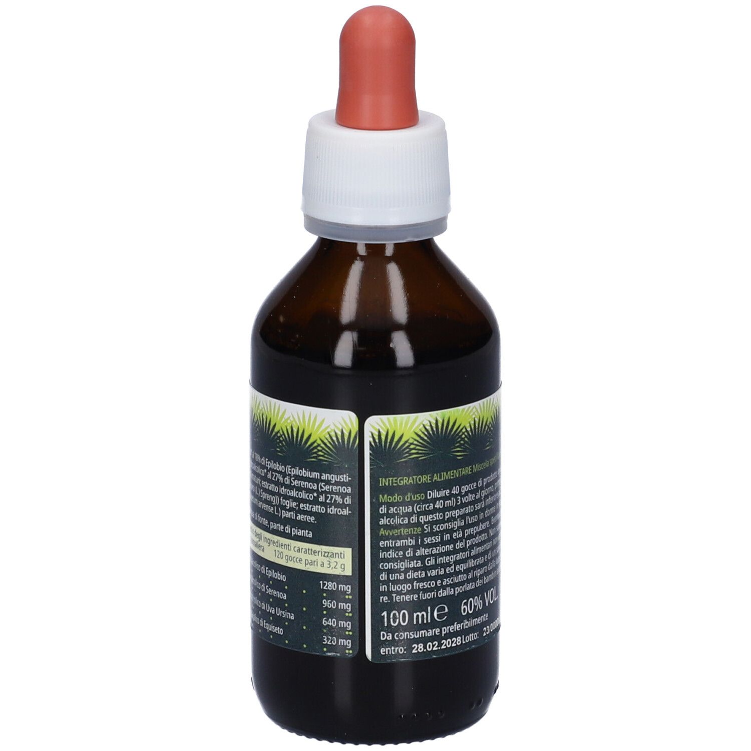 Flacone di vetro marrone con contagocce. Retro con testo ed etichetta. Contagocce rosso-marrone. Etichetta con ingredienti.