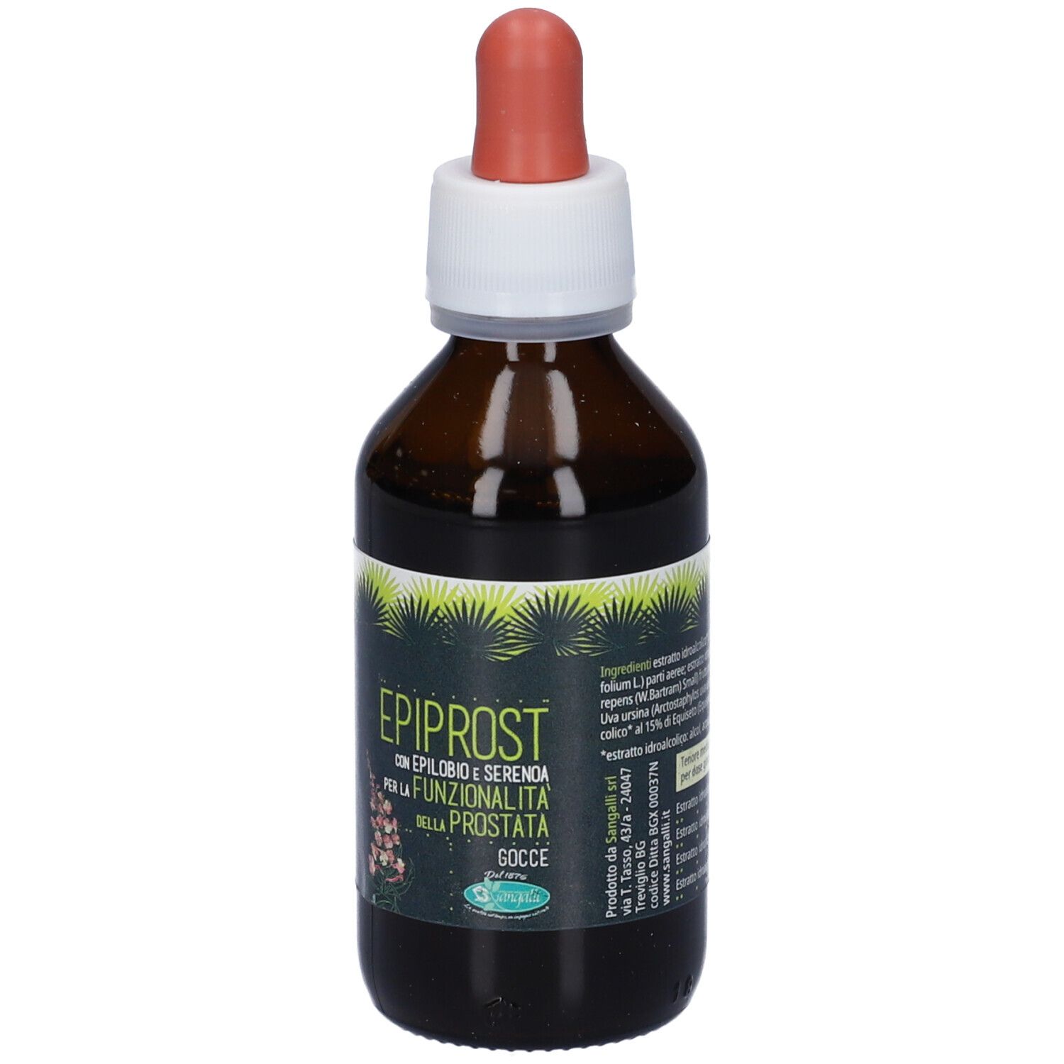 Flacone di vetro marrone con contagocce. Fronte con nome del prodotto e motivo botanico. Contagocce rosso-marrone.