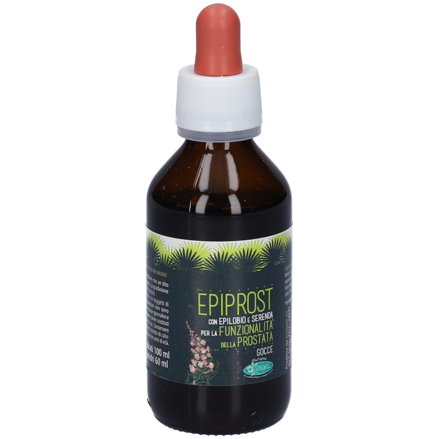 Flacone di vetro marrone con contagocce. Fronte con nome del prodotto e motivo botanico. Contagocce rosso-marrone.