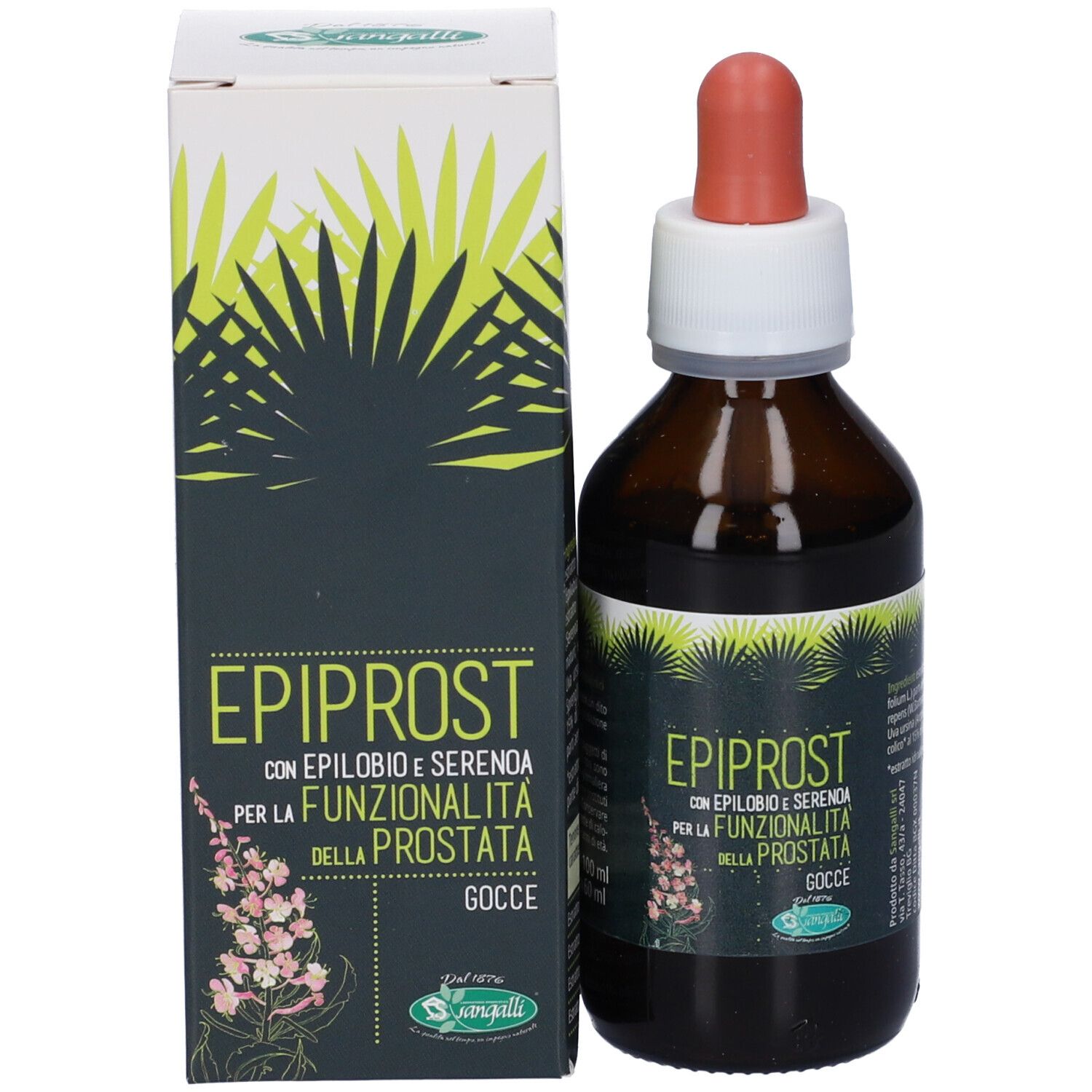 Flacone e scatola del prodotto. Scatola con nome del prodotto e motivo botanico. Flacone con contagocce.