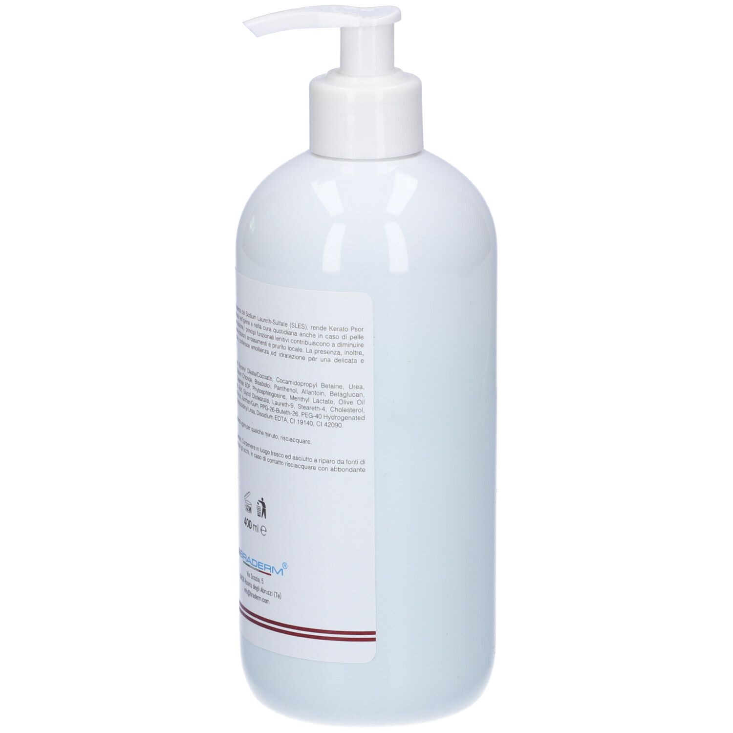 Flacone bianco con dosatore. Vista posteriore. Testo in italiano. Nessun altro dettaglio visibile.