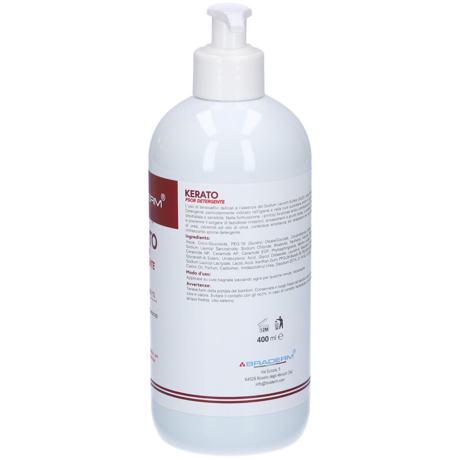 Flacone bianco con dosatore. Vista posteriore. Testo in italiano. Contiene 400 ml. Logo Braderm.