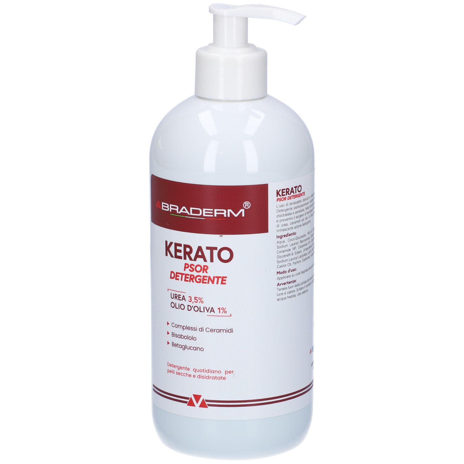 Flacone bianco con dosatore. Etichetta rossa con testo: Kerato Psor Detergente, Braderm. Contiene urea, olio d'oliva, ceramidi, bisabololo, betaglucano.