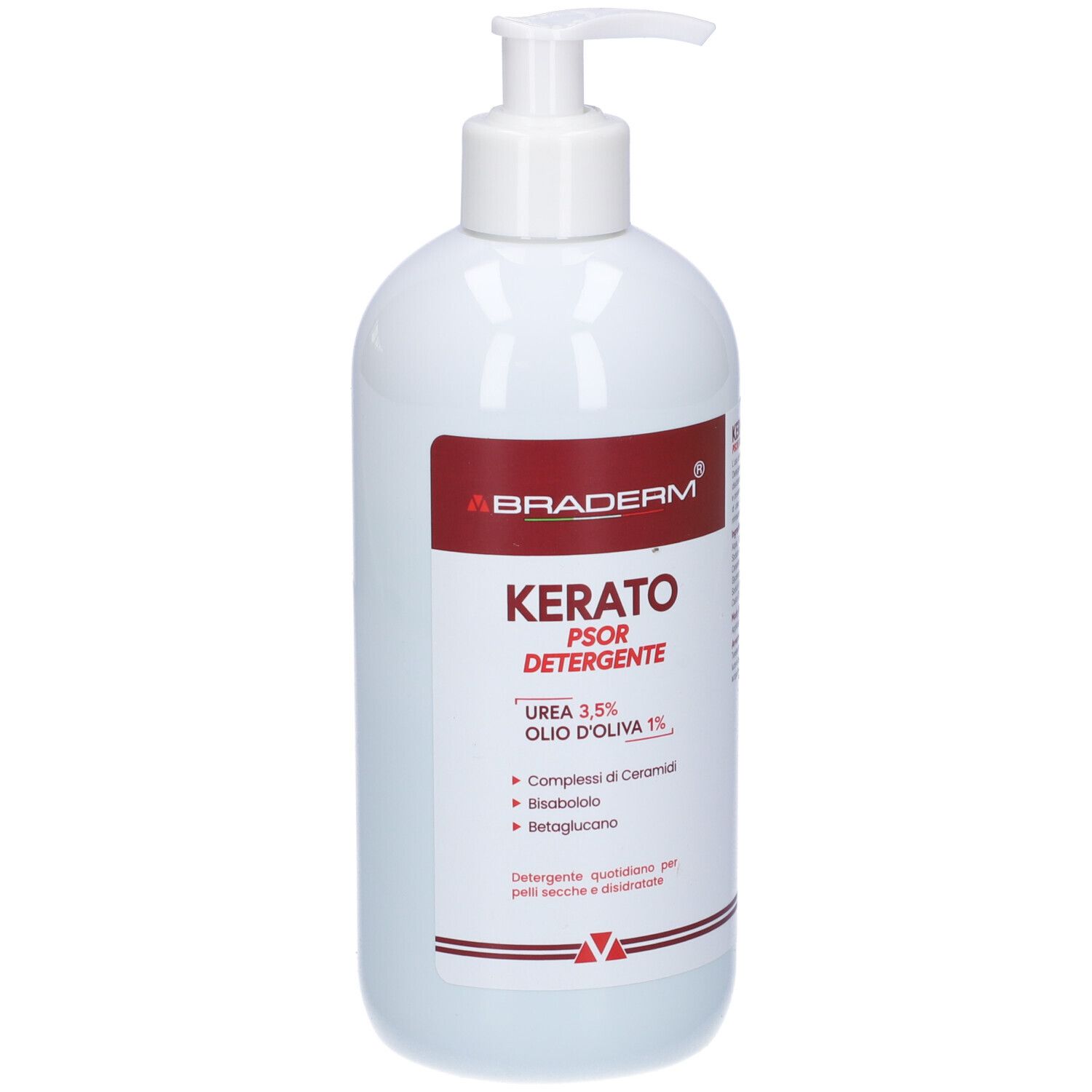 Flacone bianco con dosatore. Etichetta rossa con testo: Kerato Psor Detergente, Braderm. Contiene urea, olio d'oliva, ceramidi, bisabololo, betaglucano.