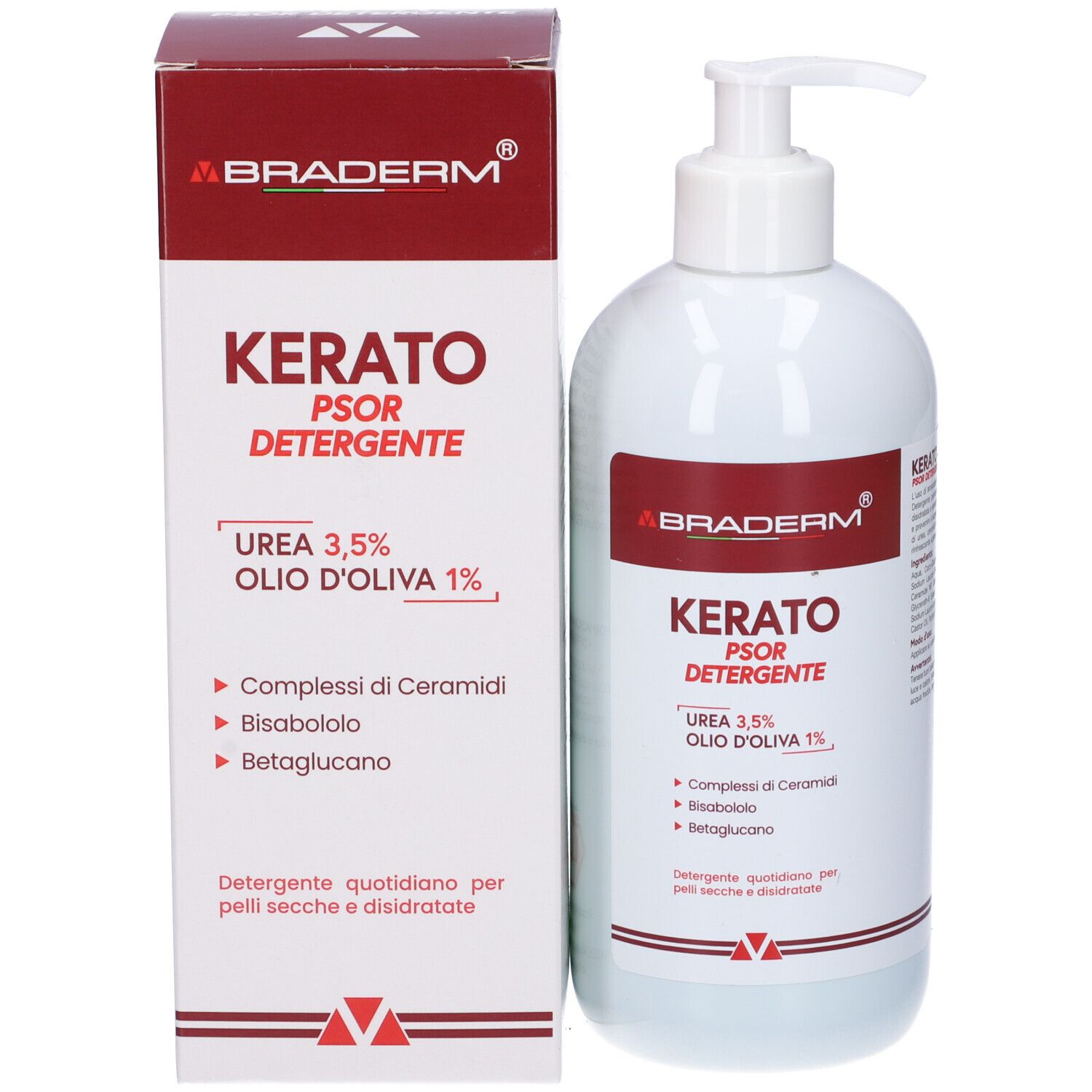 Confezione e flacone. Scatola e flacone con dosatore. Testo: Kerato Psor Detergente, Braderm. Contiene urea, olio d'oliva, ceramidi, bisabololo, betaglucano.