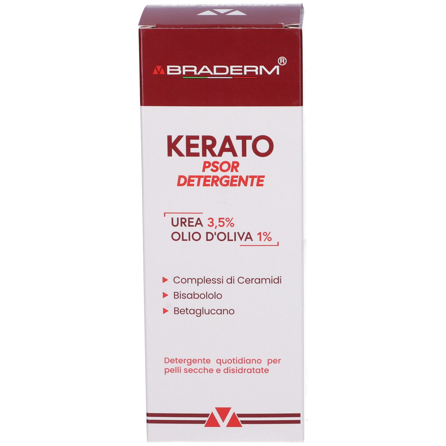 Confezione del prodotto. Scatola con testo: Kerato Psor Detergente, Braderm. Contiene urea, olio d'oliva, ceramidi, bisabololo, betaglucano.
