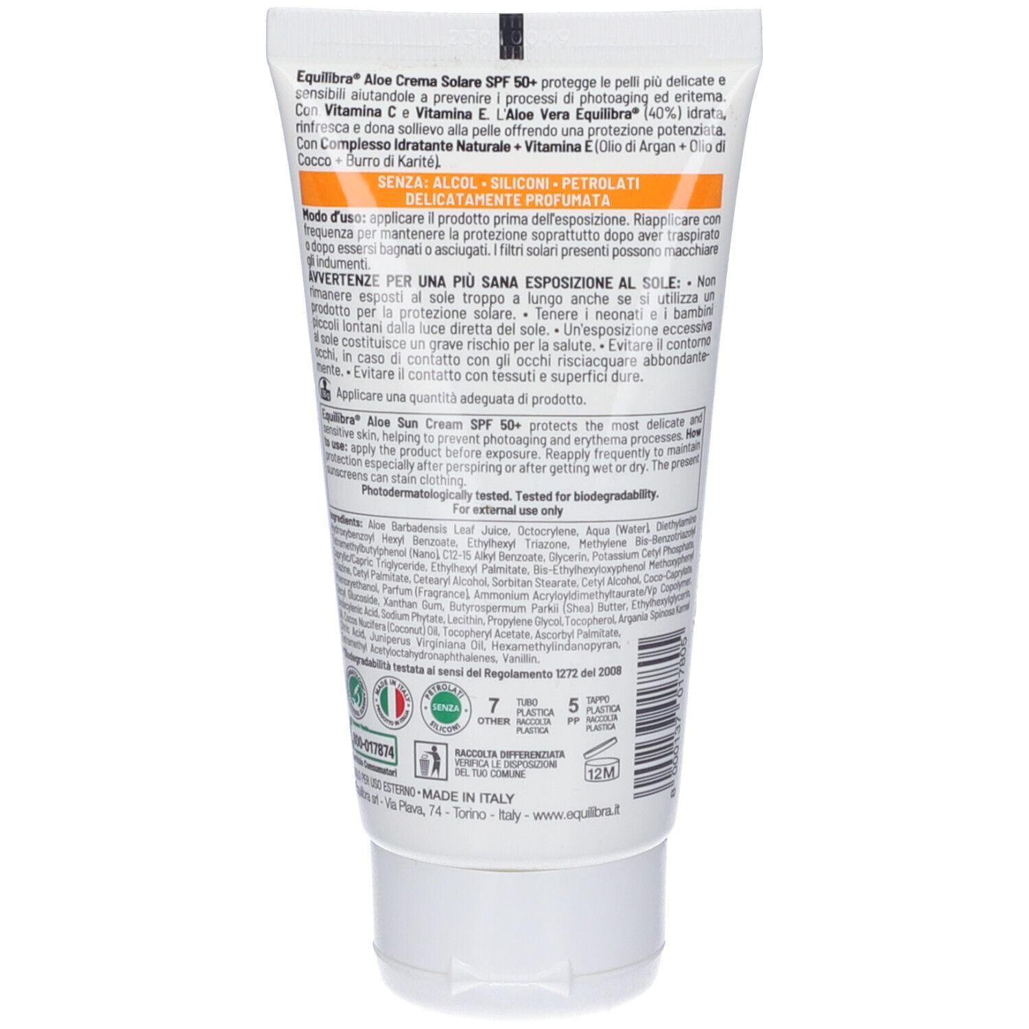 Tubo di crema solare SPF 50, bianco con accenti gialli, informazioni sull'etichetta.