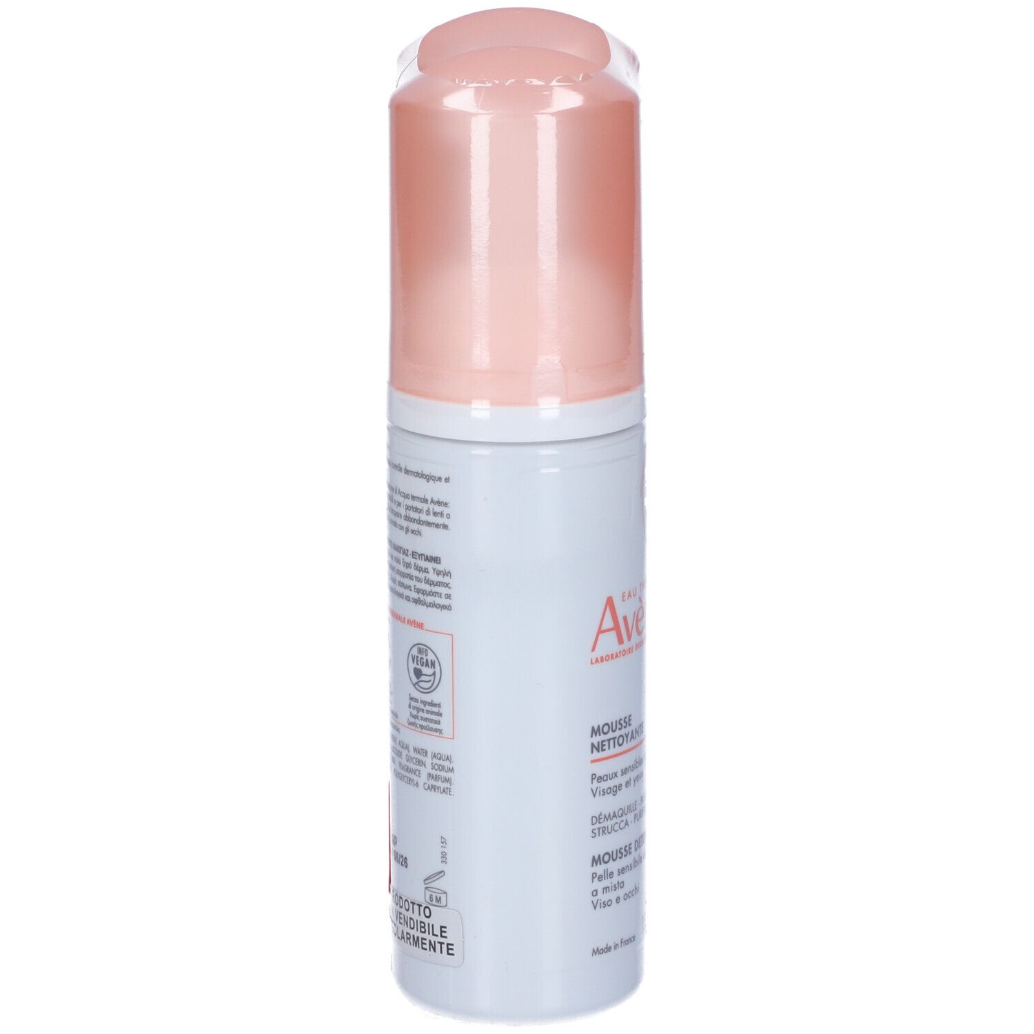 Un flacone di mousse, tappo rosa, etichetta bianca con testo. Marchio Avene. Scritta: Mousse Nettoyante.