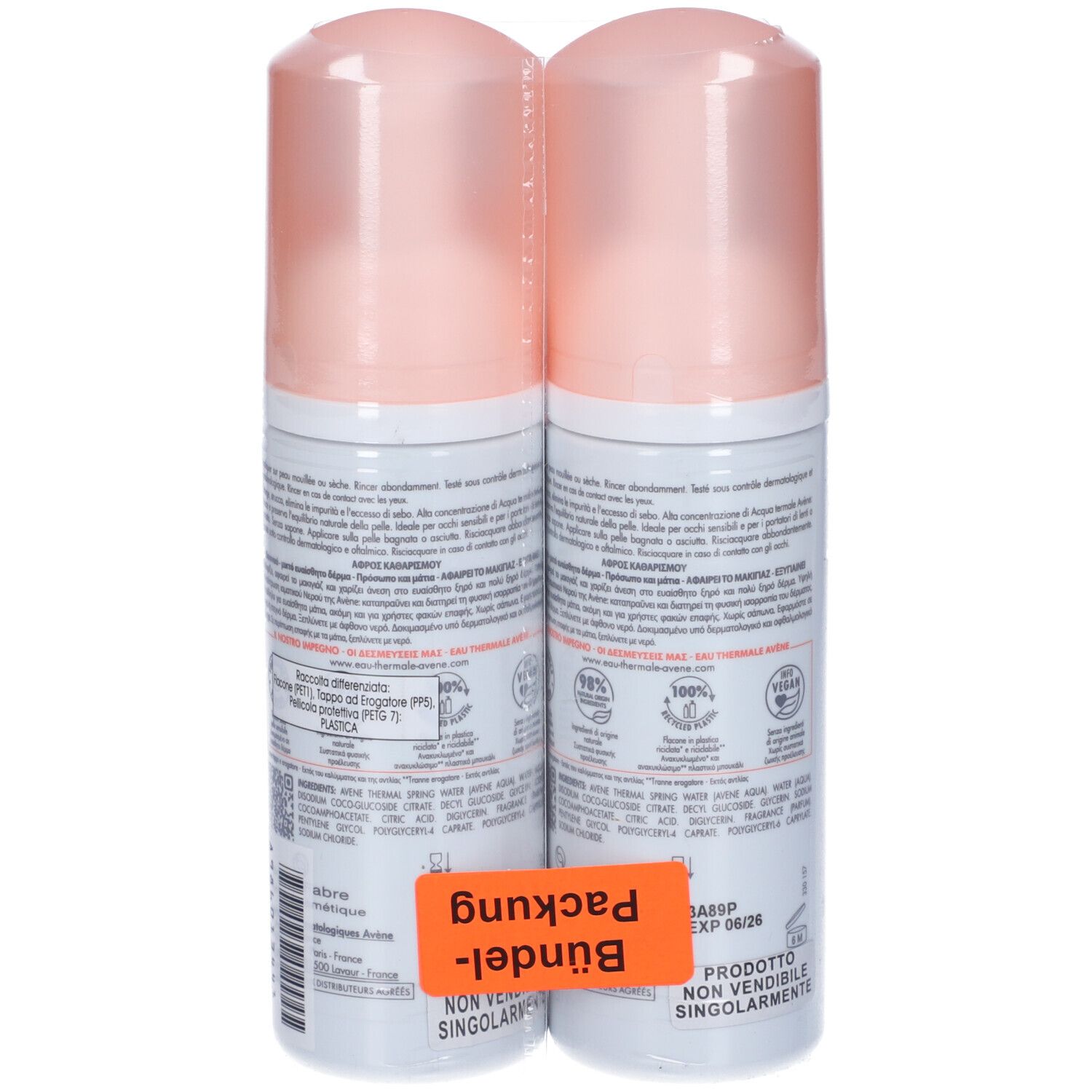 Due flaconi di mousse, retro, tappi rosa, etichette bianche con testo. Adesivo: Bündel-Packung.