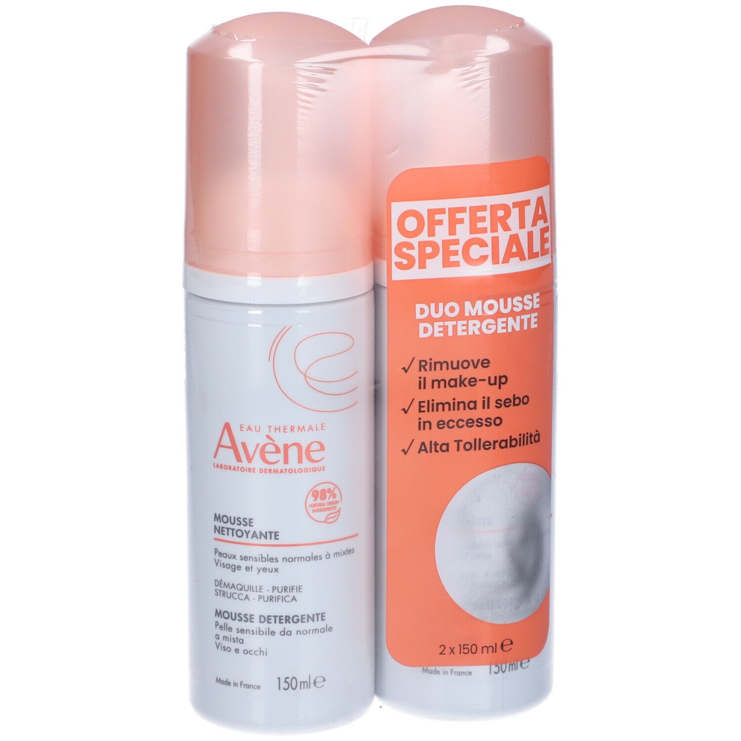 Due flaconi di mousse, tappi rosa, etichette bianche con testo. Scritta: Offerta Speciale, Duo Mousse Detergente. Confezionato.