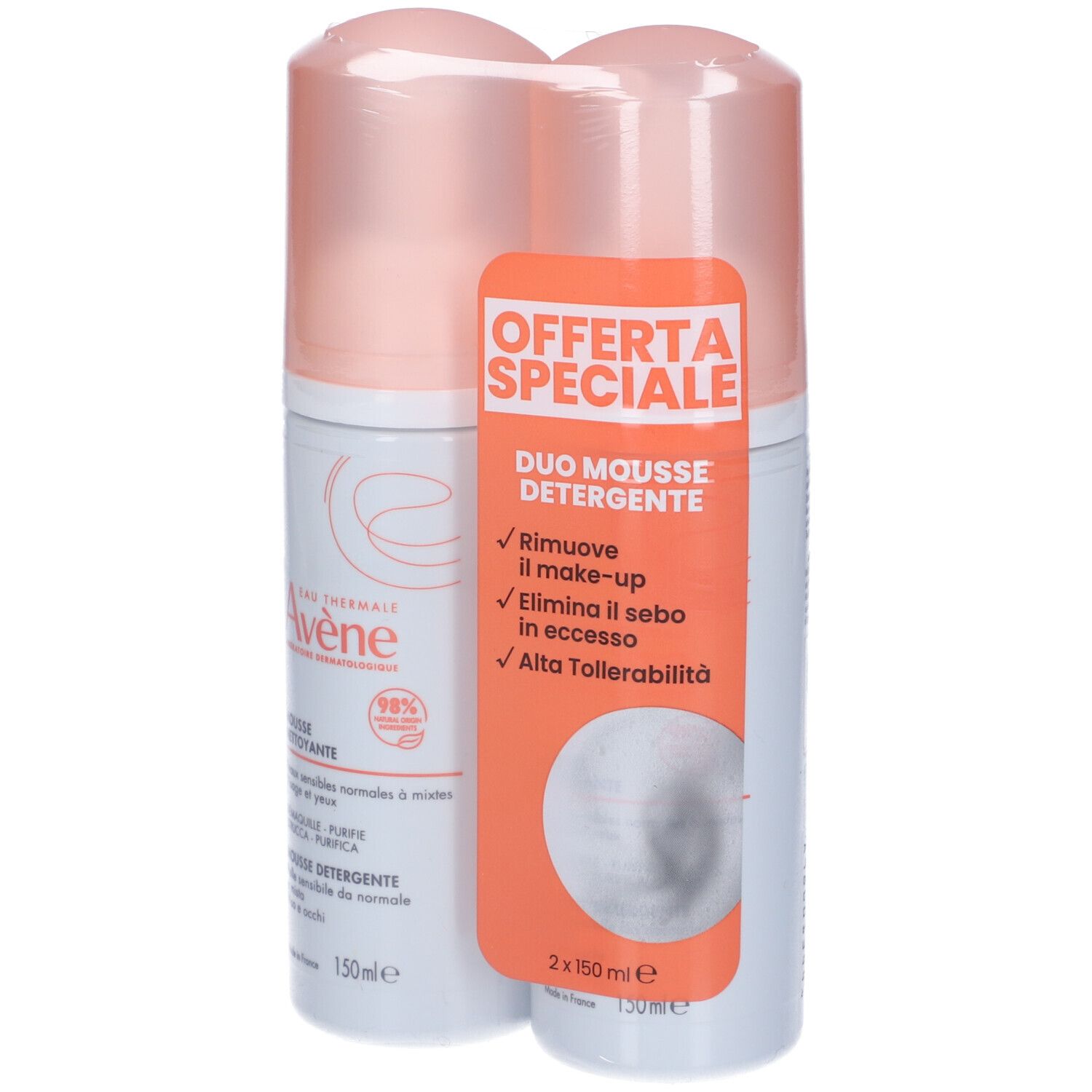 Due flaconi di mousse, tappi rosa, etichette bianche con testo. Scritta: Offerta Speciale, Duo Mousse Detergente.
